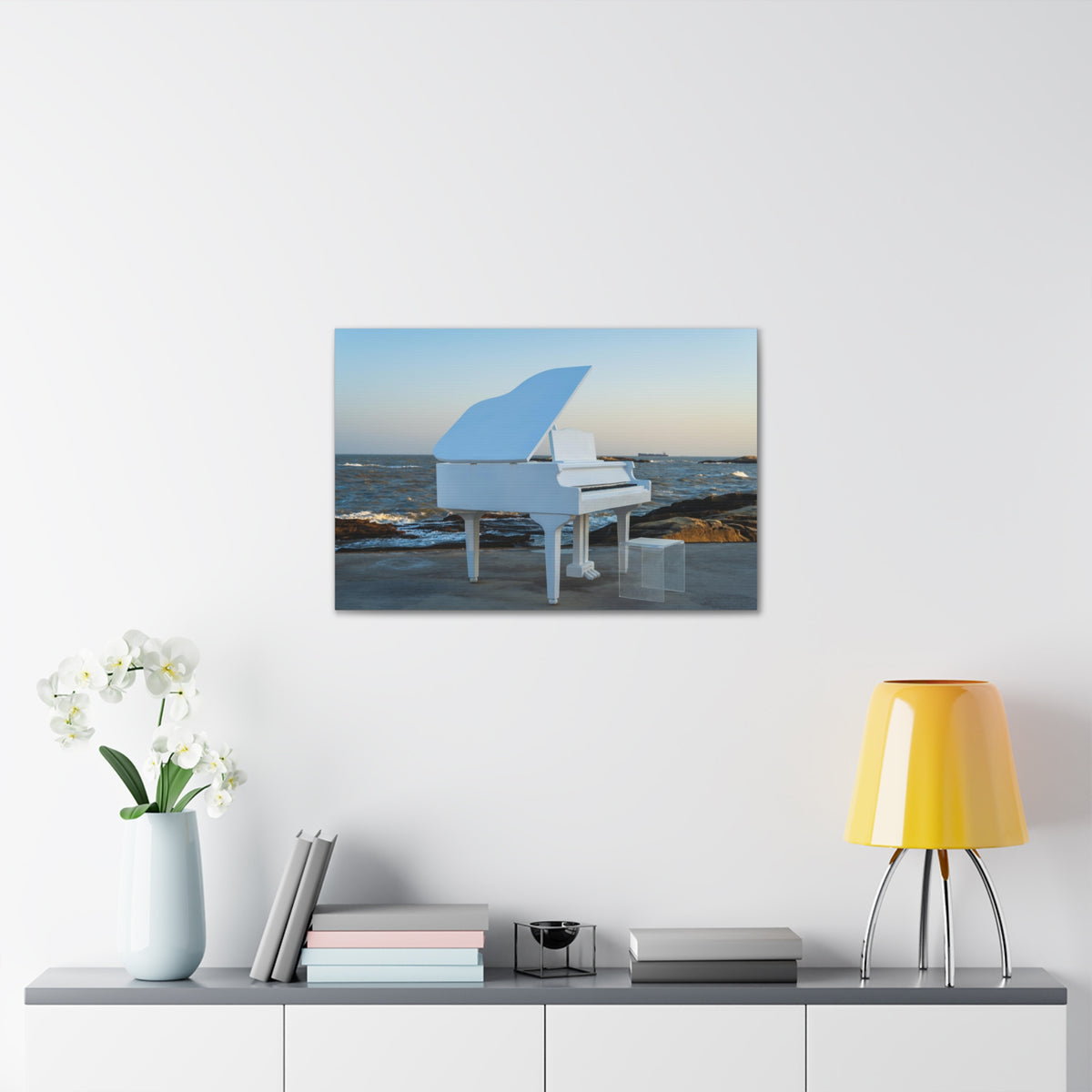 Piano White On Beach Music Lover's Delight Piano Keyboard Canvas Wall Art for Home Decor Ready-to-Hang-Express Your Love Gifts