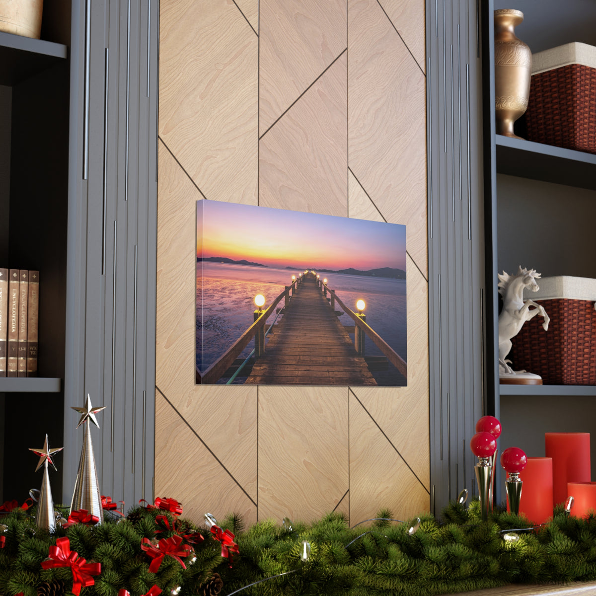 Sunset Wooden Bridge Lake View Nature Wilderness Photography Canvas Wall Art for Home Decor Ready-to-Hang-Express Your Love Gifts