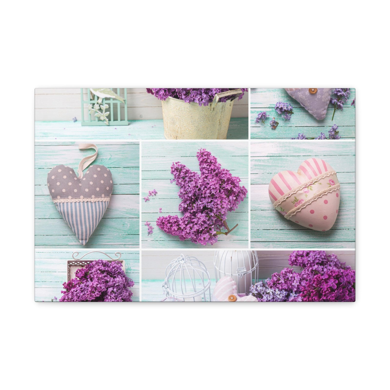 Lilac Flowers Decorative Hearts Collage On Wooden Plank Canvas Wall Art for Home Decor Ready-to-Hang-Express Your Love Gifts