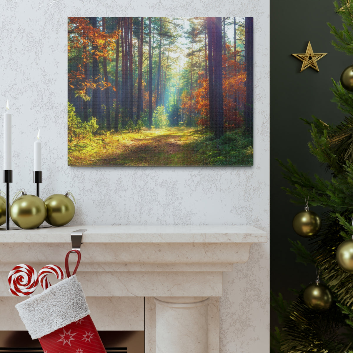 Autumn Forest Sunlight Shine Orange Tree Nature Wilderness Photography Canvas Wall Art for Home Decor Ready-to-Hang-Express Your Love Gifts