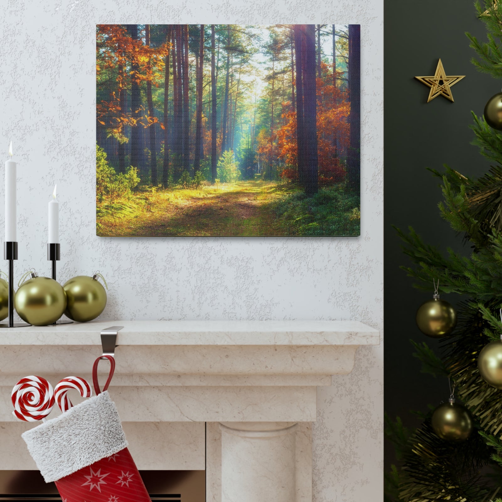 Autumn Forest Sunlight Shine Orange Tree Nature Wilderness Photography Canvas Wall Art for Home Decor Ready-to-Hang-Express Your Love Gifts