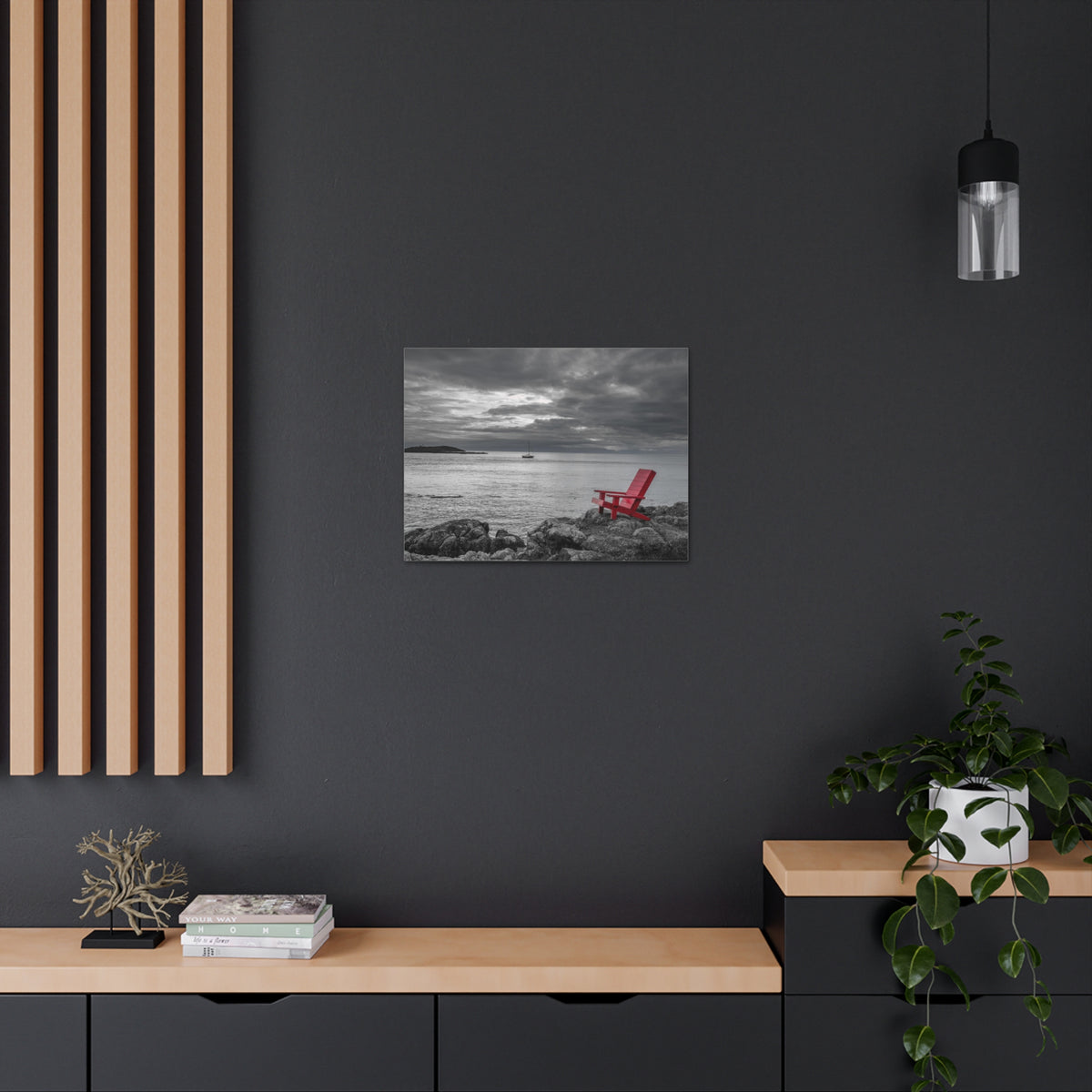 Red Chair On Ocean Side Rocks Ocean Canvas Wall Art for Home Decor Ready-to-Hang-Express Your Love Gifts