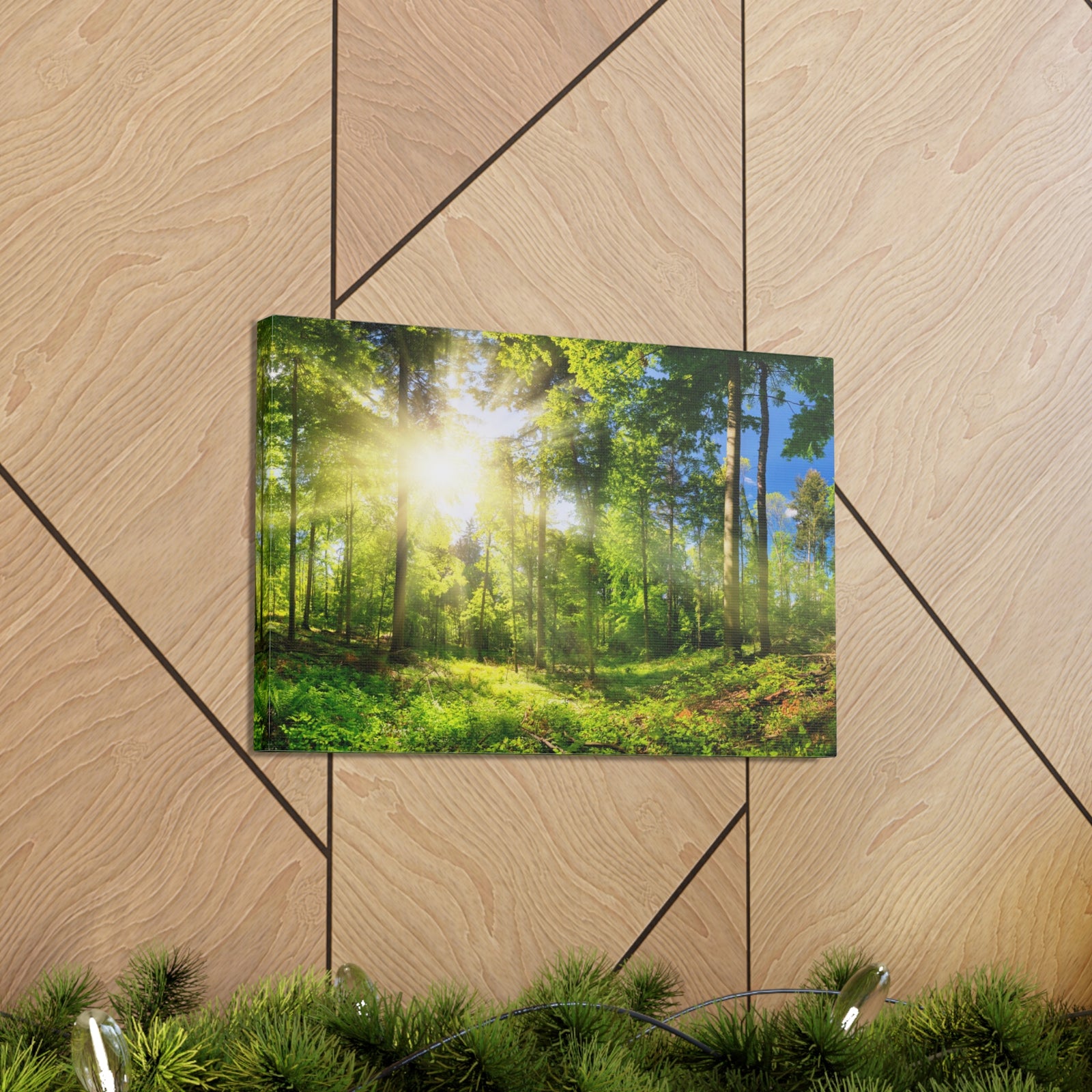 Sunrise Through Green Forest Nature Wilderness Photography Canvas Wall Art for Home Decor Ready-to-Hang-Express Your Love Gifts