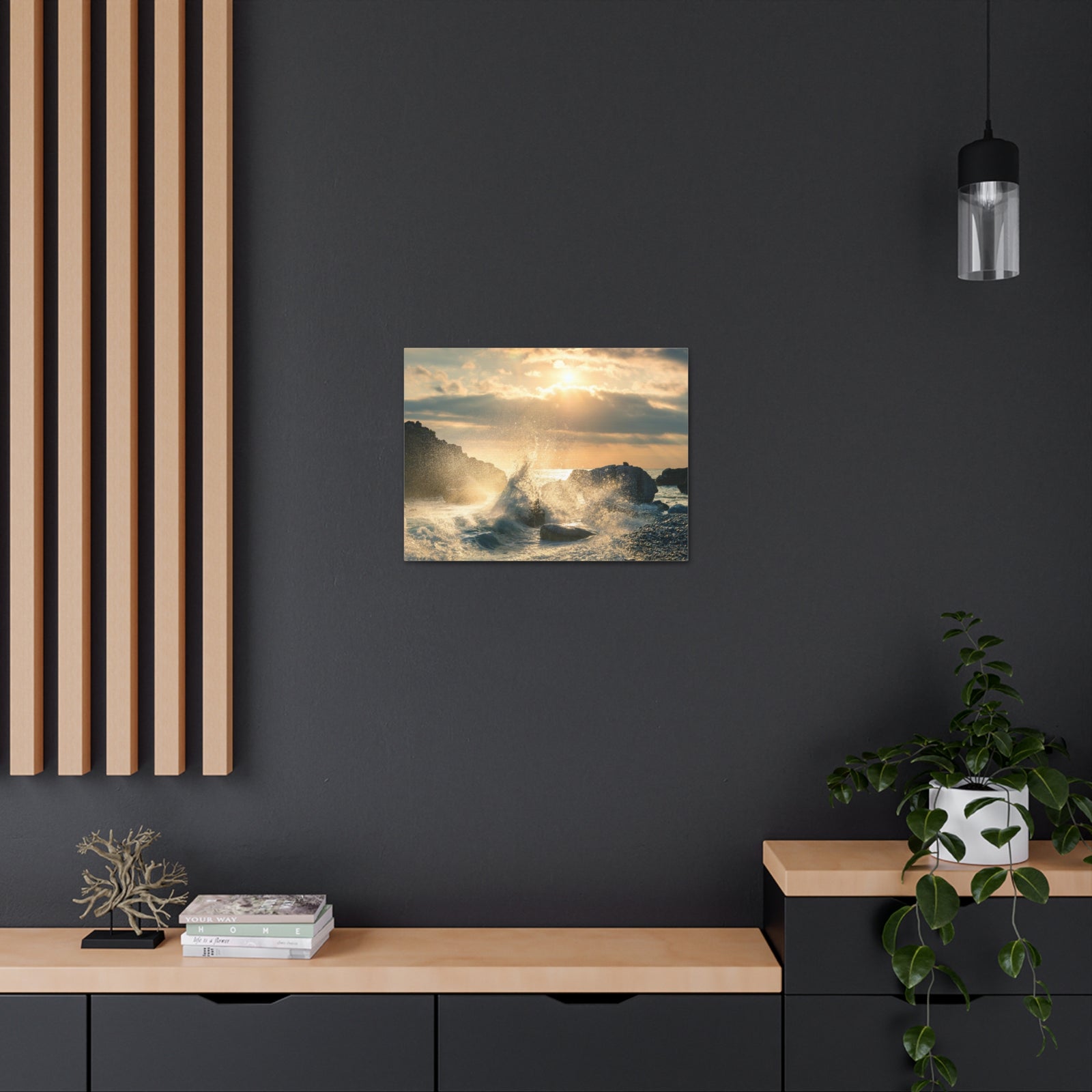 Big Wave Hit Rock At Beach Sunset Seascape Ocean Canvas Wall Art for Home Decor Ready-to-Hang-Express Your Love Gifts