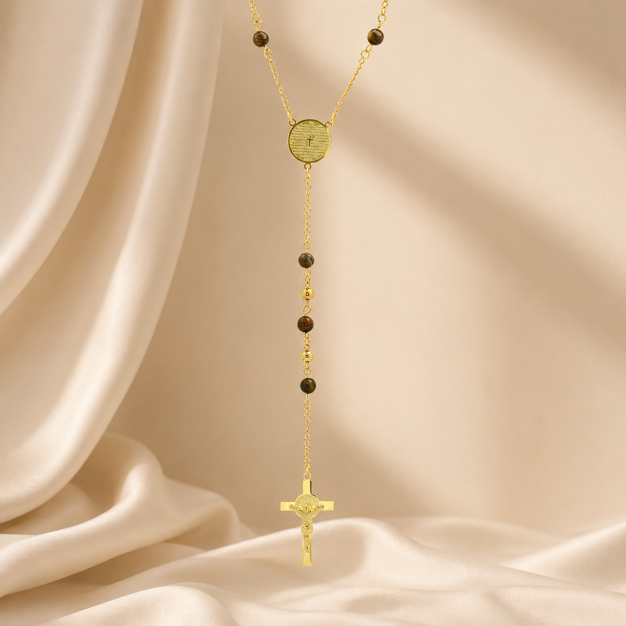 Rosary Necklace 18K Gold Plated Men's Tiger Eye Prayer Style 24" Chain-Express Your Love Gifts