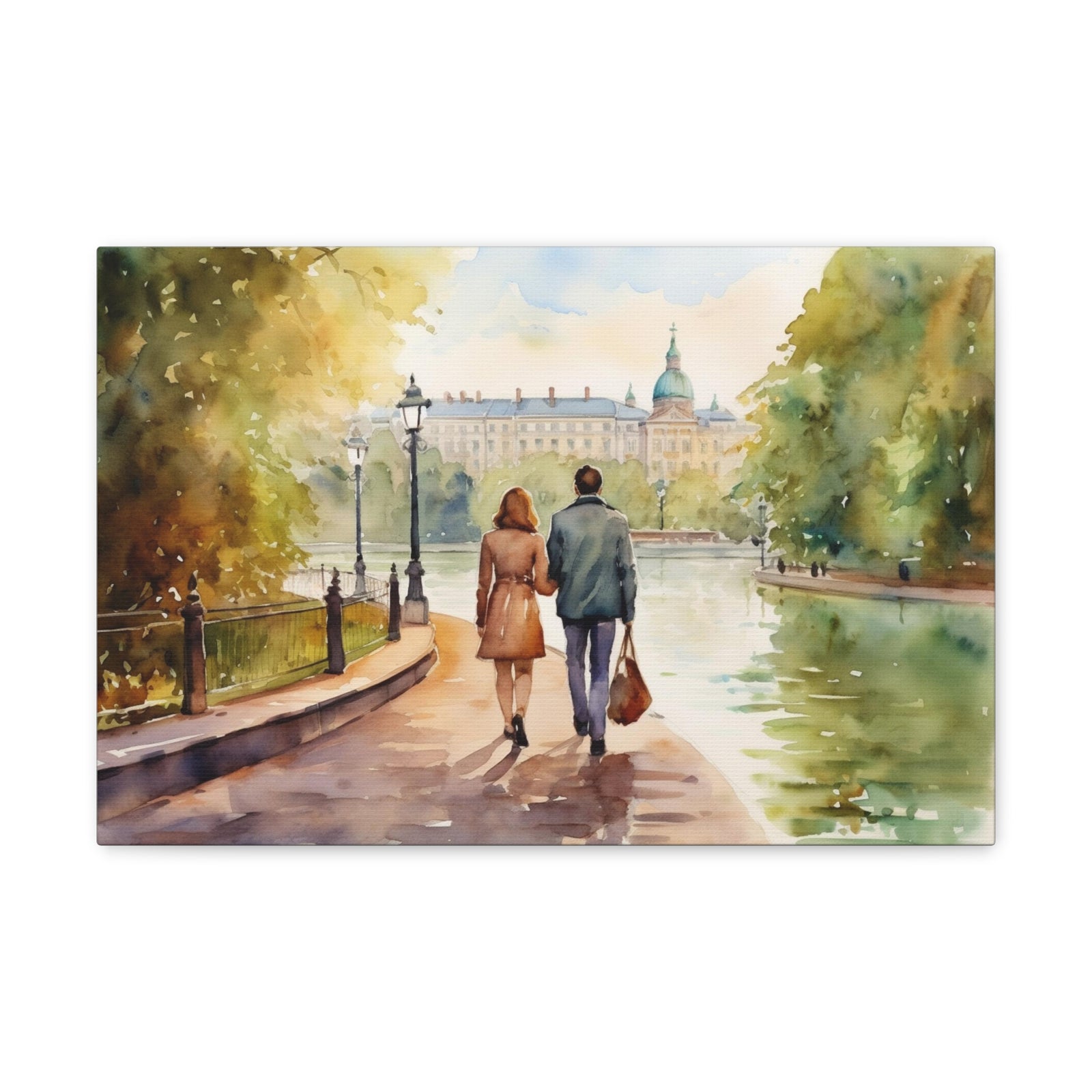 Couple Walking Down By The River Natural Landscape Watercolor Painting Canvas Wall Art for Home Decor Ready-to-Hang-Express Your Love Gifts