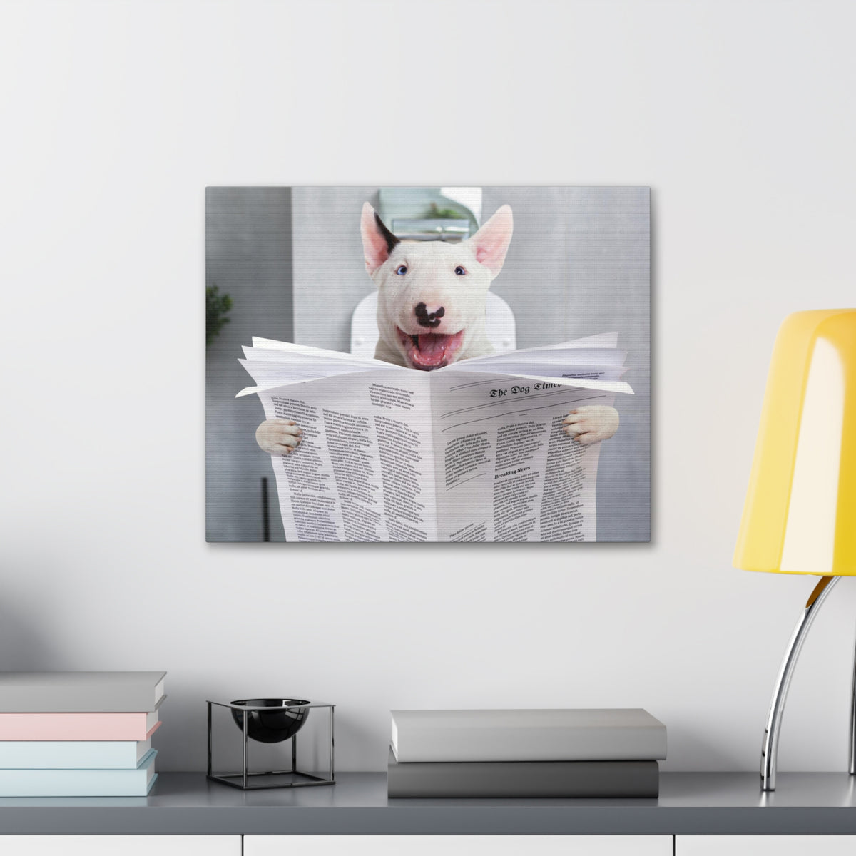 Smiling Bullterrier Reading Newspaper On Toilet Funny Canvas Wall Art for Home Decor Ready-to-Hand-Express Your Love Gifts