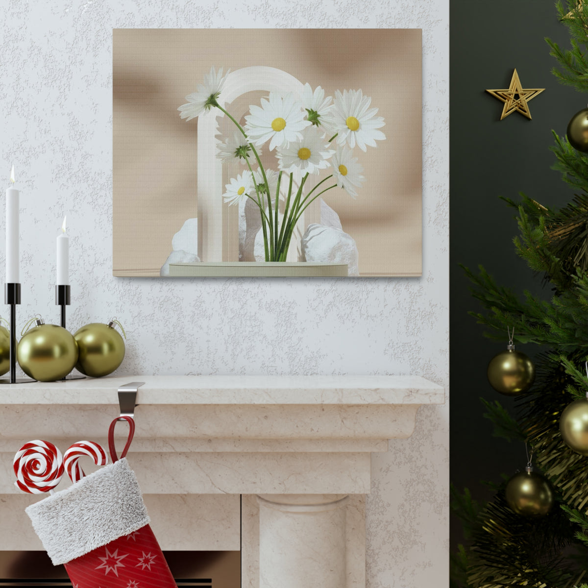 Daisy Flower and White Rocks Flower Canvas Wall Art for Home Decor Ready-to-Hang-Express Your Love Gifts