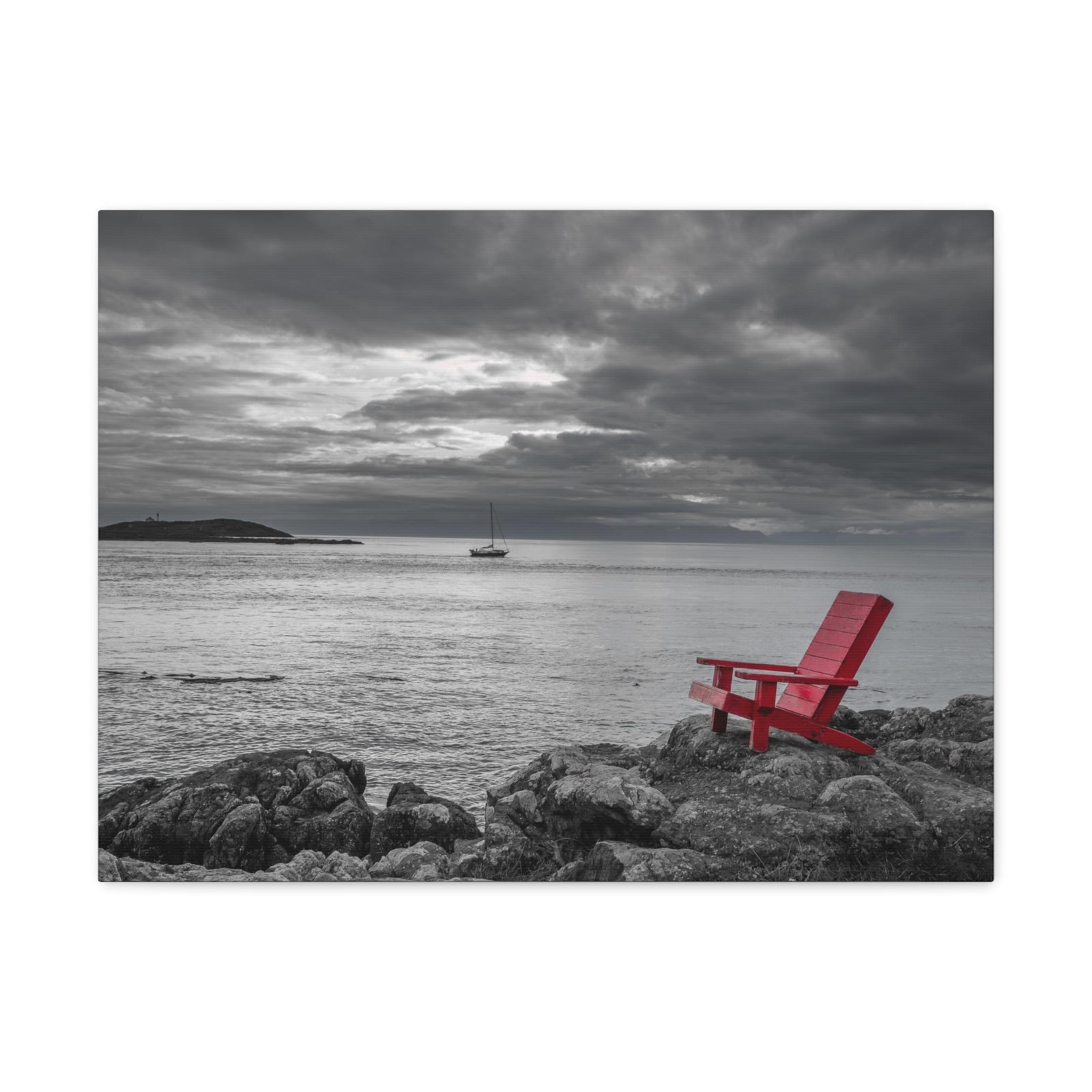 Red Chair On Ocean Side Rocks Ocean Canvas Wall Art for Home Decor Ready-to-Hang-Express Your Love Gifts