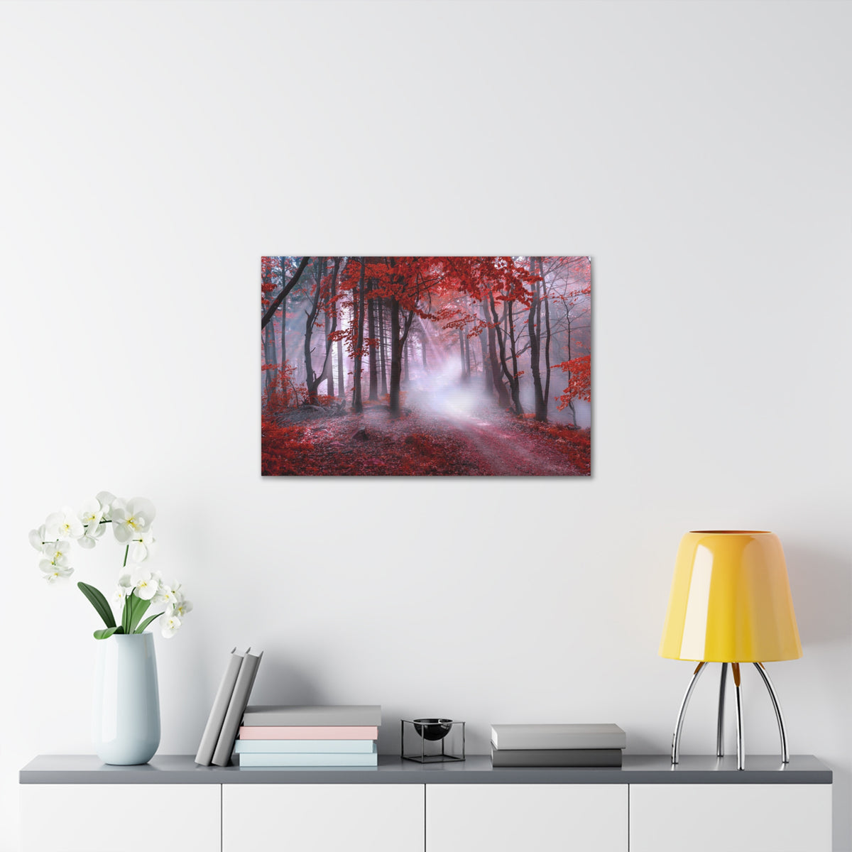Foggy Autumn Forest Orange Leaves Nature Wilderness Photography Canvas Wall Art for Home Decor Ready-to-Hang-Express Your Love Gifts