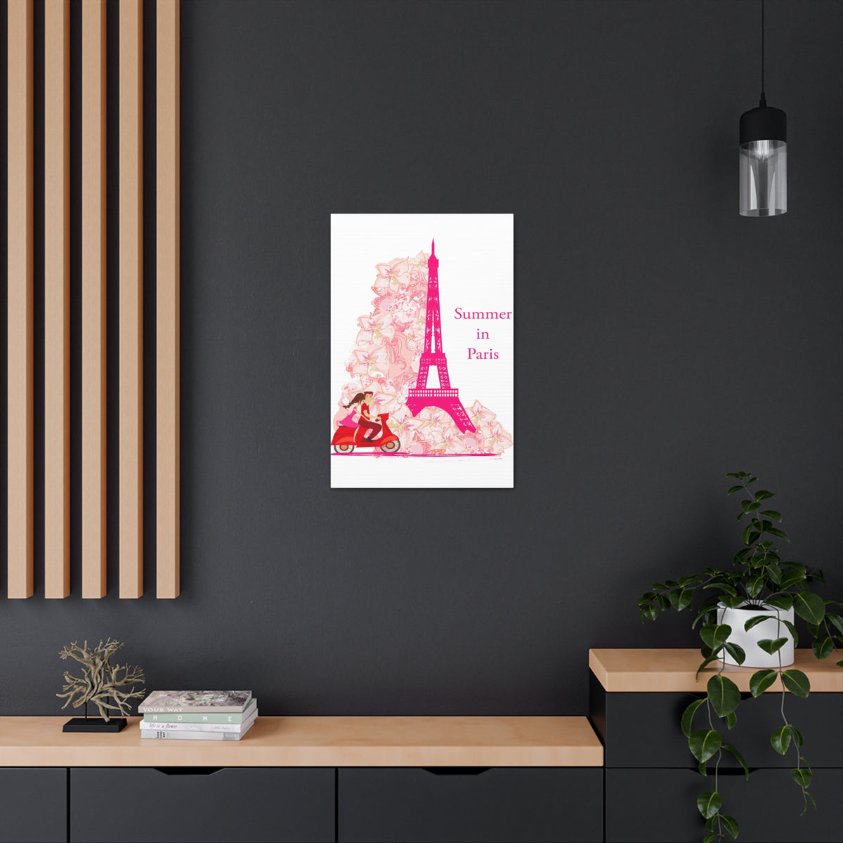 Pink Eiffel Tower Couple On Scooter Paris France Canvas Artwork High-Quality Breathtaking French City for Home Decor Ready to Hang-Express Your Love Gifts