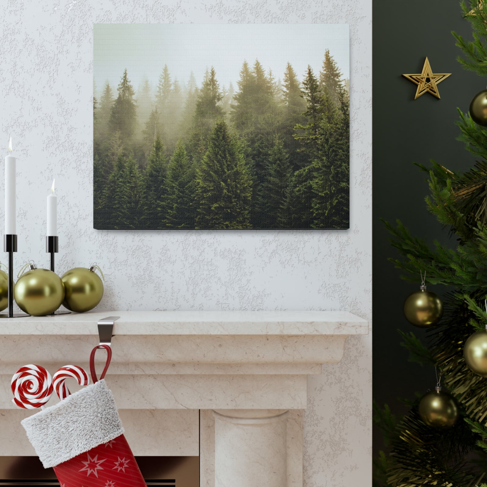 Misty Pine Tree Forest Nature Wilderness Photography Canvas Wall Art for Home Decor Ready-to-Hang-Express Your Love Gifts