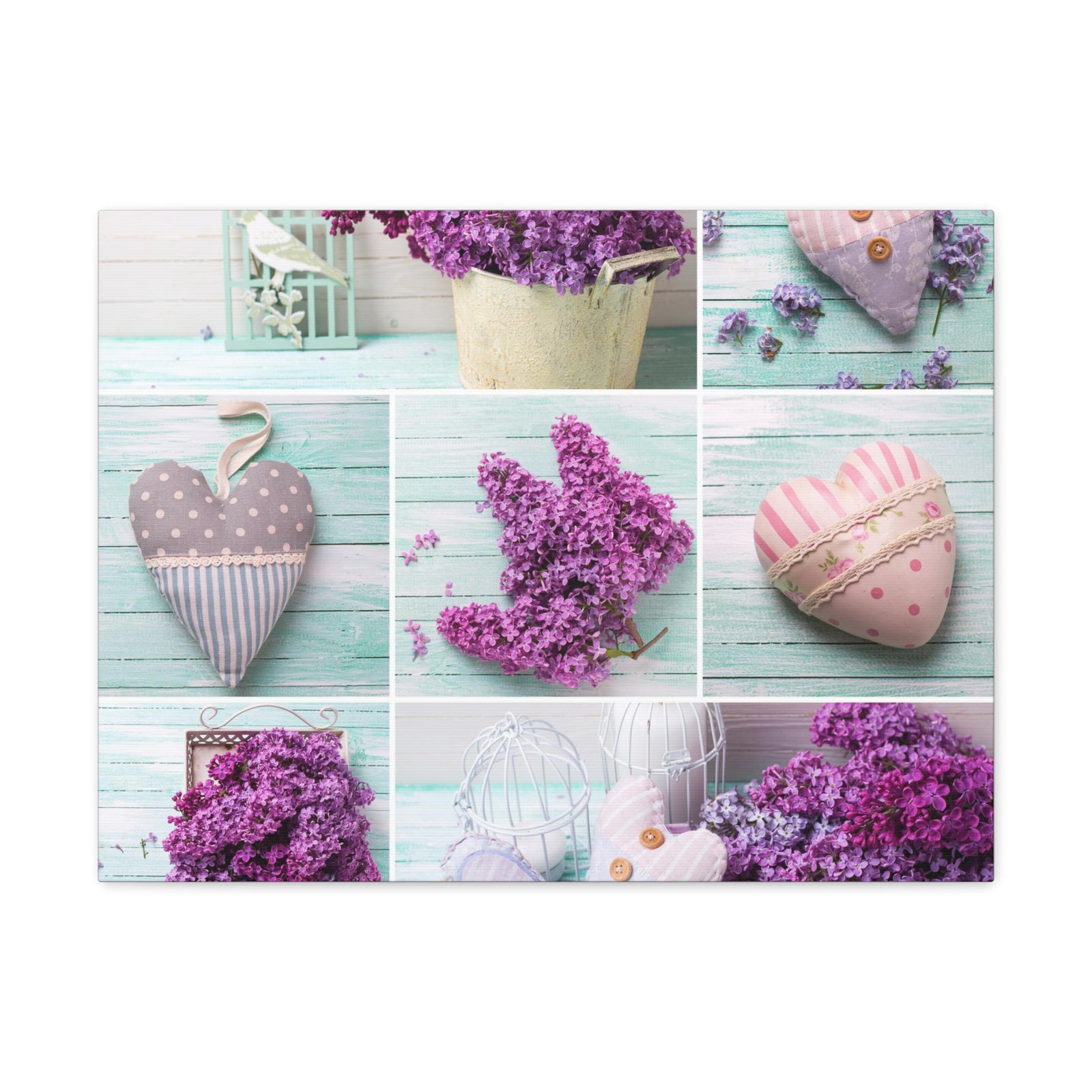 Lilac Flowers Decorative Hearts Collage On Wooden Plank Canvas Wall Art for Home Decor Ready-to-Hang-Express Your Love Gifts