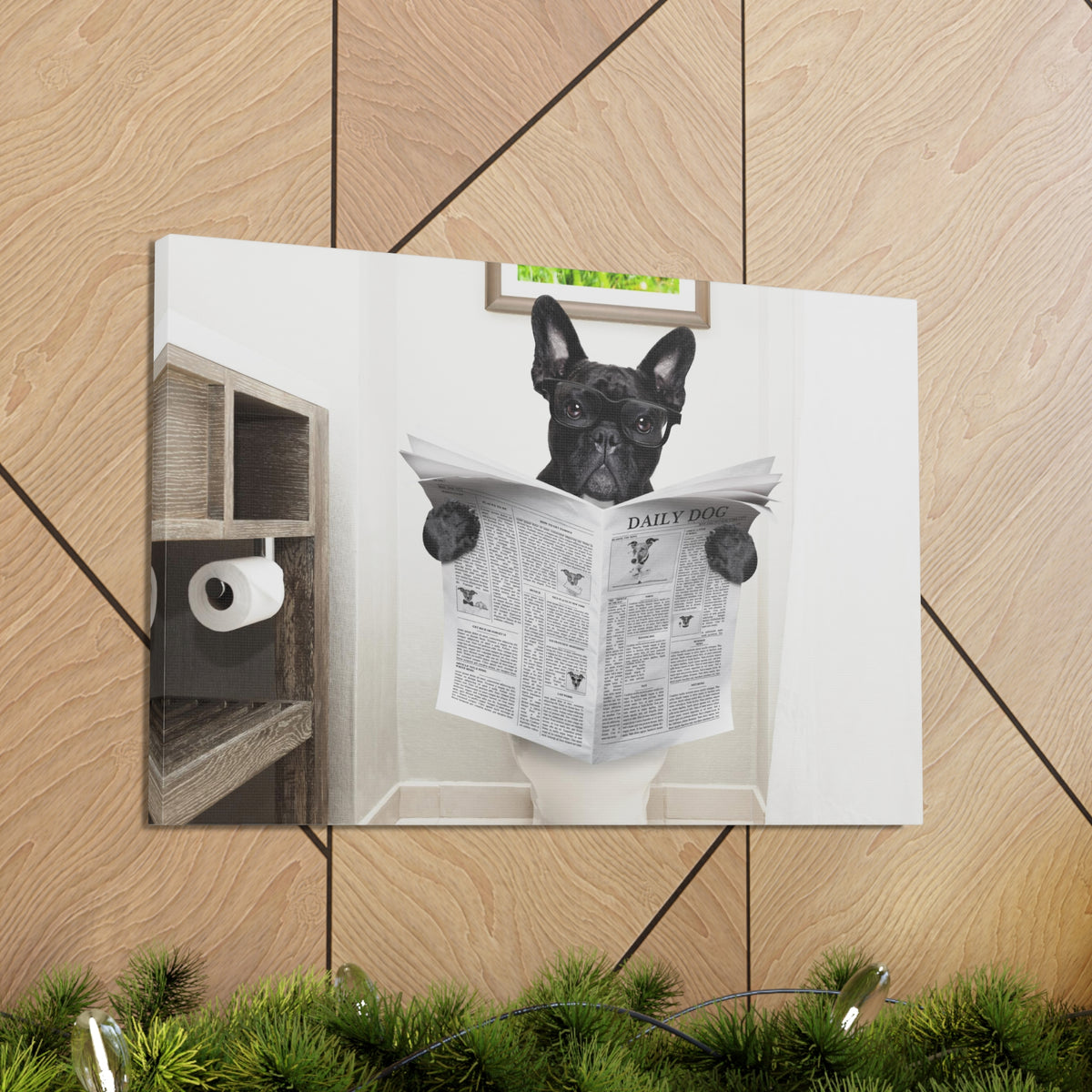 French Bulldog Reading Newspaper On Toilet Funny Canvas Wall Art for Home Decor Ready-to-Hand-Express Your Love Gifts