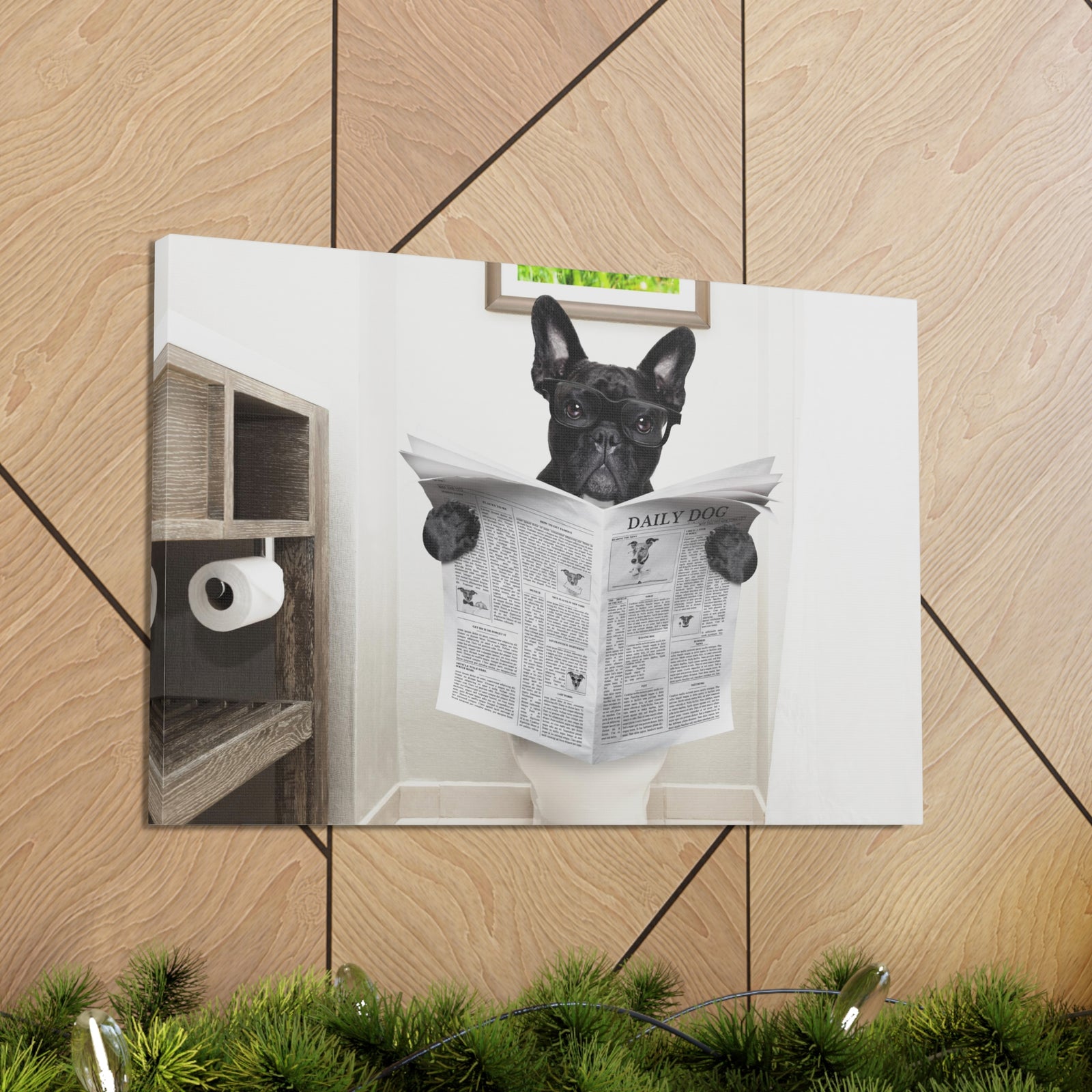 French Bulldog Reading Newspaper On Toilet Funny Canvas Wall Art for Home Decor Ready-to-Hand-Express Your Love Gifts