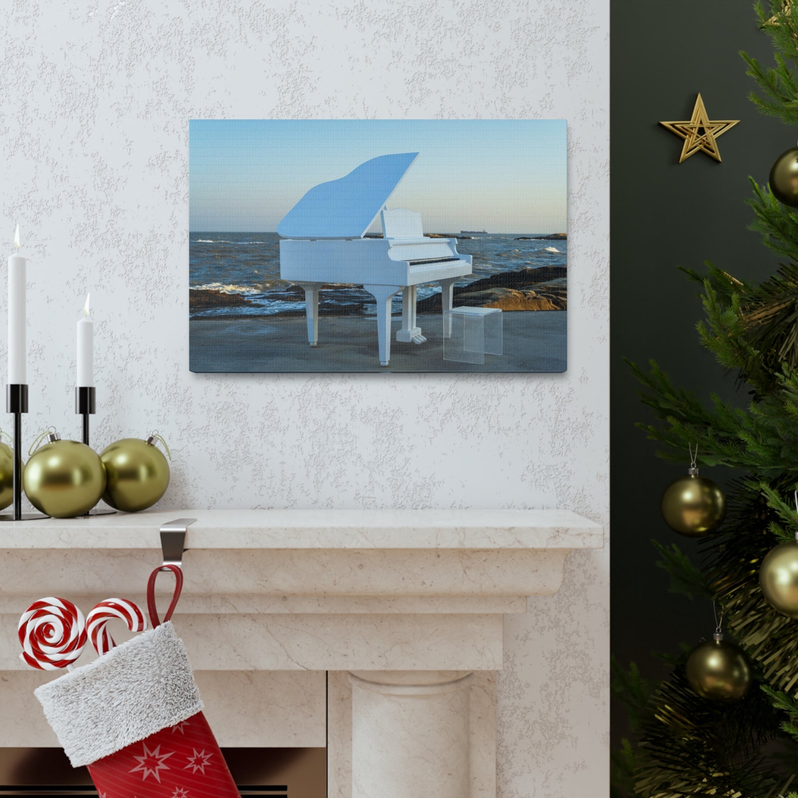 Piano White On Beach Music Lover's Delight Piano Keyboard Canvas Wall Art for Home Decor Ready-to-Hang-Express Your Love Gifts