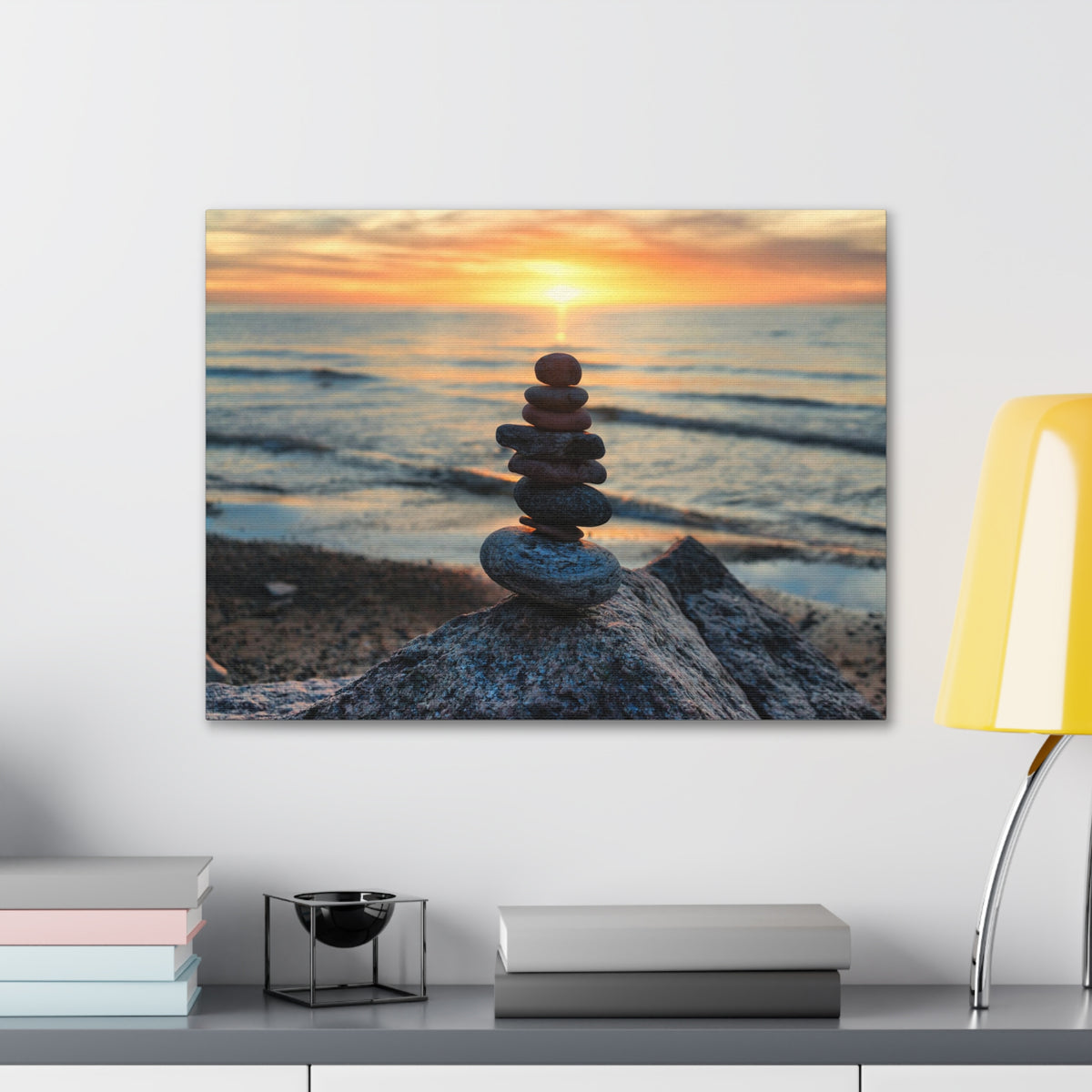 Pebbles Stack Over Beach Nature Wilderness Photography Canvas Wall Art for Home Decor Ready-to-Hang-Express Your Love Gifts