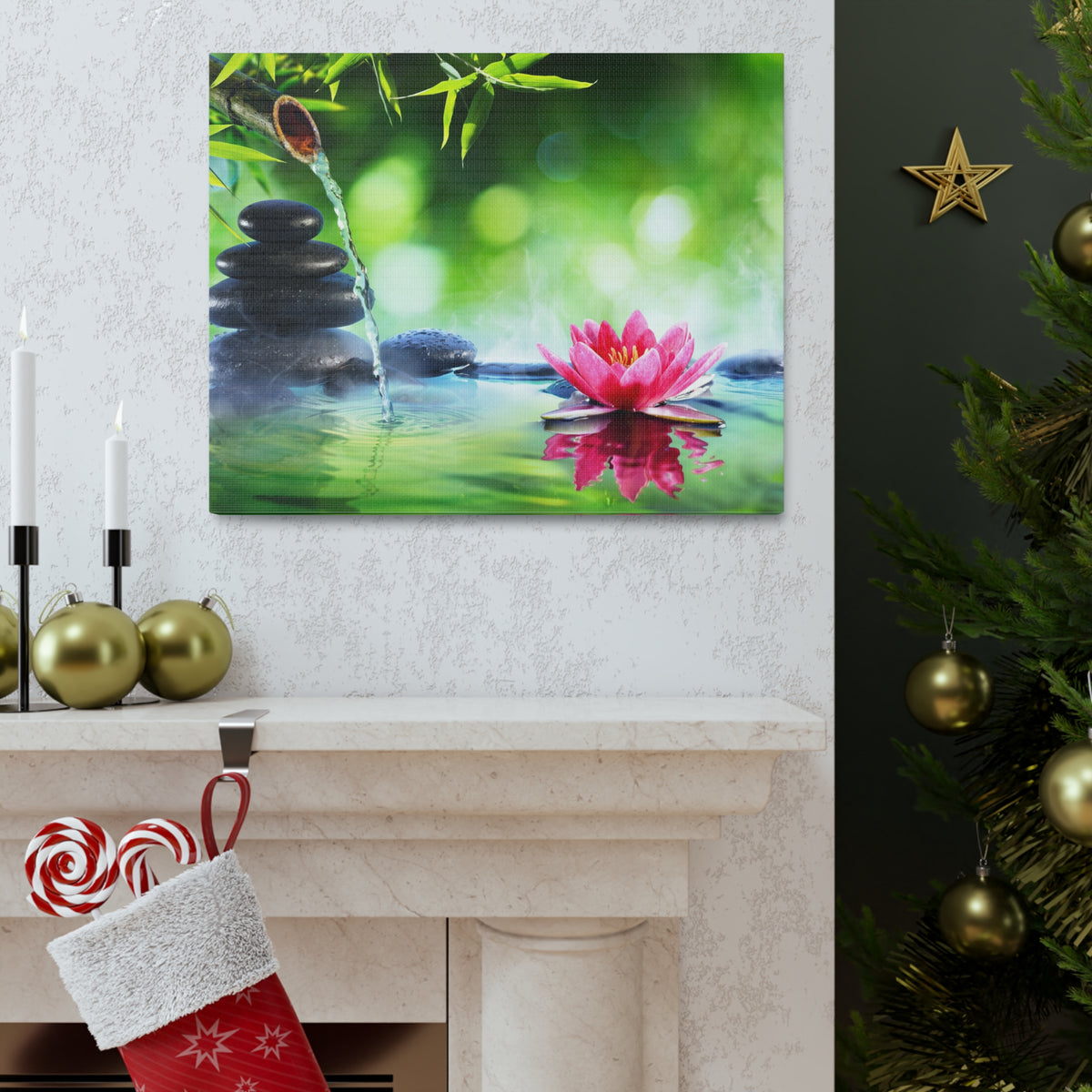 Stones and Waterlily Forest Floral Nature Photography Canvas Wall Art for Home Decor Ready-to-Hang-Express Your Love Gifts