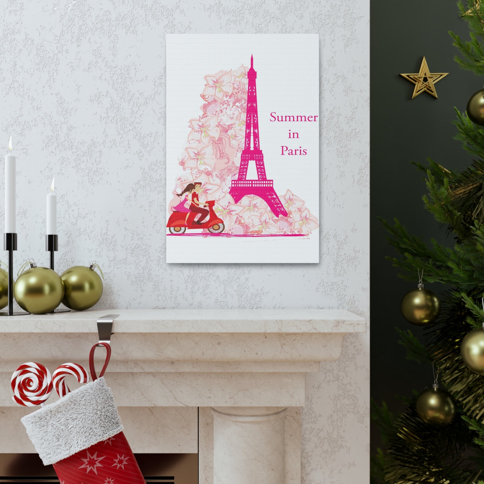 Pink Eiffel Tower Couple On Scooter Paris France Canvas Artwork High-Quality Breathtaking French City for Home Decor Ready to Hang-Express Your Love Gifts