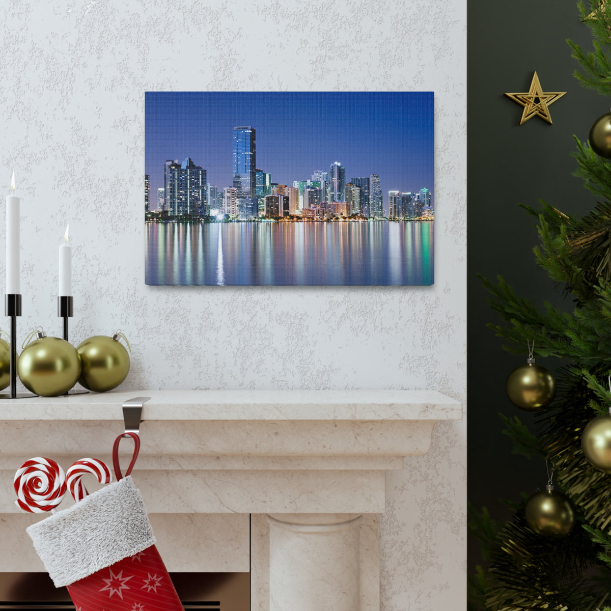 Miami Night Skyline Canvas Artwork High-Quality Breathtaking Stunning Cityscape for Home Decor Ready to Hang-Express Your Love Gifts
