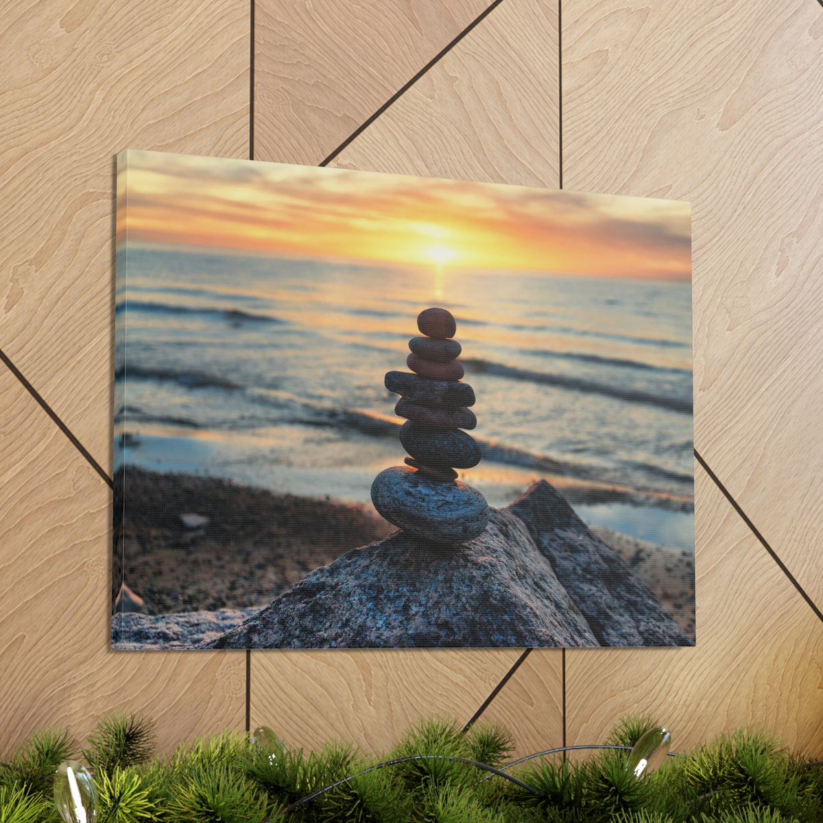 Pebbles Stack Over Beach Nature Wilderness Photography Canvas Wall Art for Home Decor Ready-to-Hang-Express Your Love Gifts