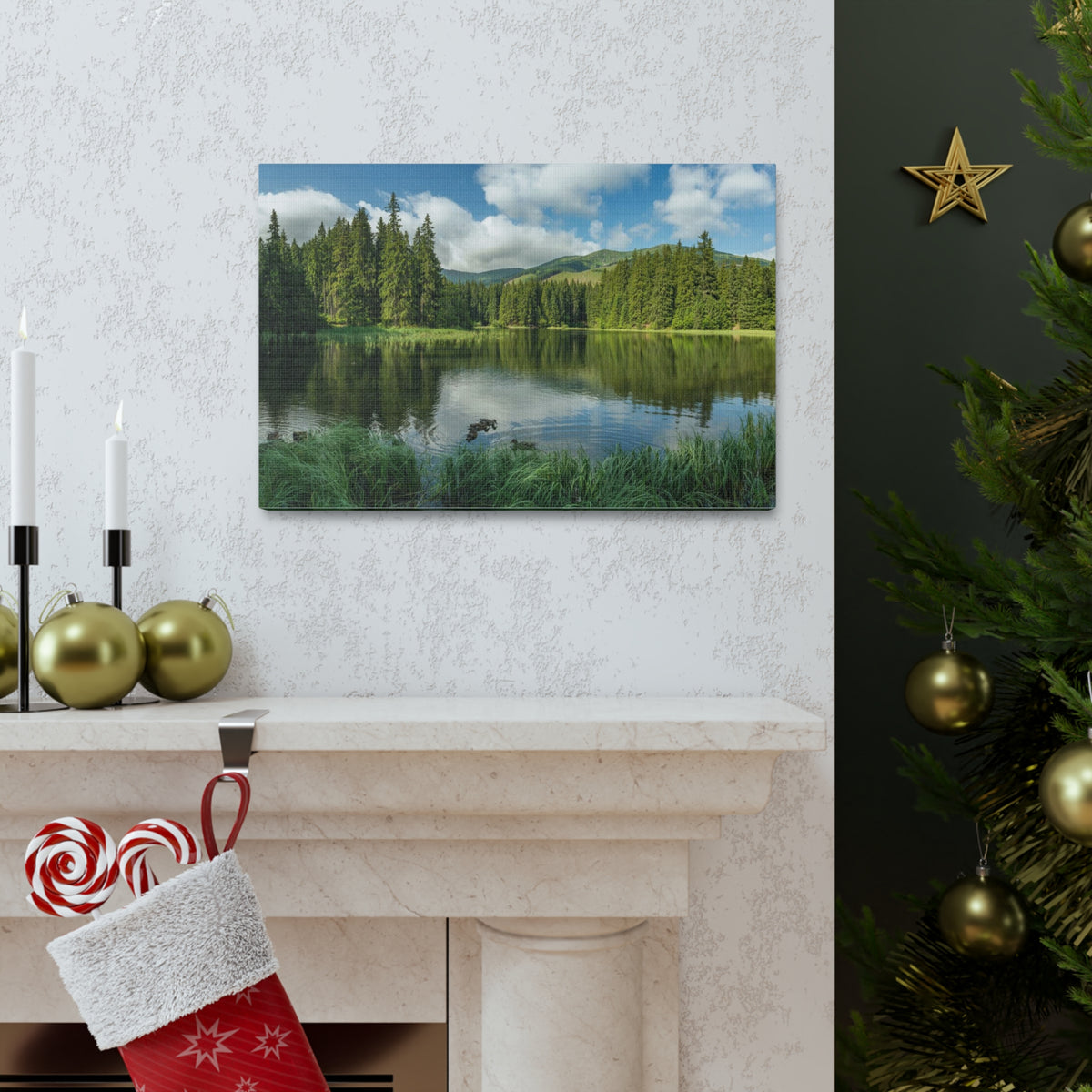 Lake Reflection Green Forest Nature Wilderness Photography Canvas Wall Art for Home Decor Ready-to-Hang-Express Your Love Gifts