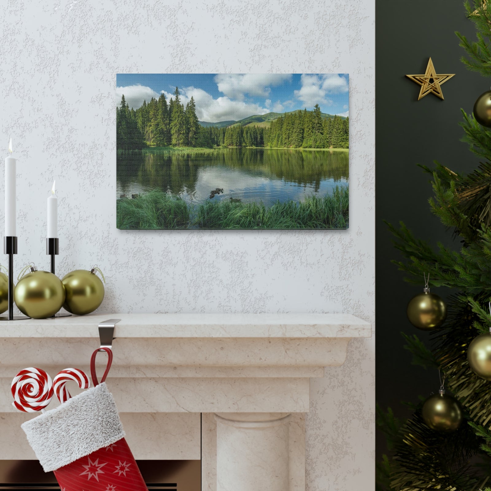 Lake Reflection Green Forest Nature Wilderness Photography Canvas Wall Art for Home Decor Ready-to-Hang-Express Your Love Gifts