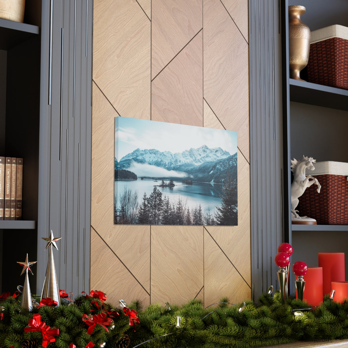 Winter Mountain Lake Pine Tree Lake Nature Wilderness Photography Canvas Wall Art for Home Decor Ready-to-Hang-Express Your Love Gifts