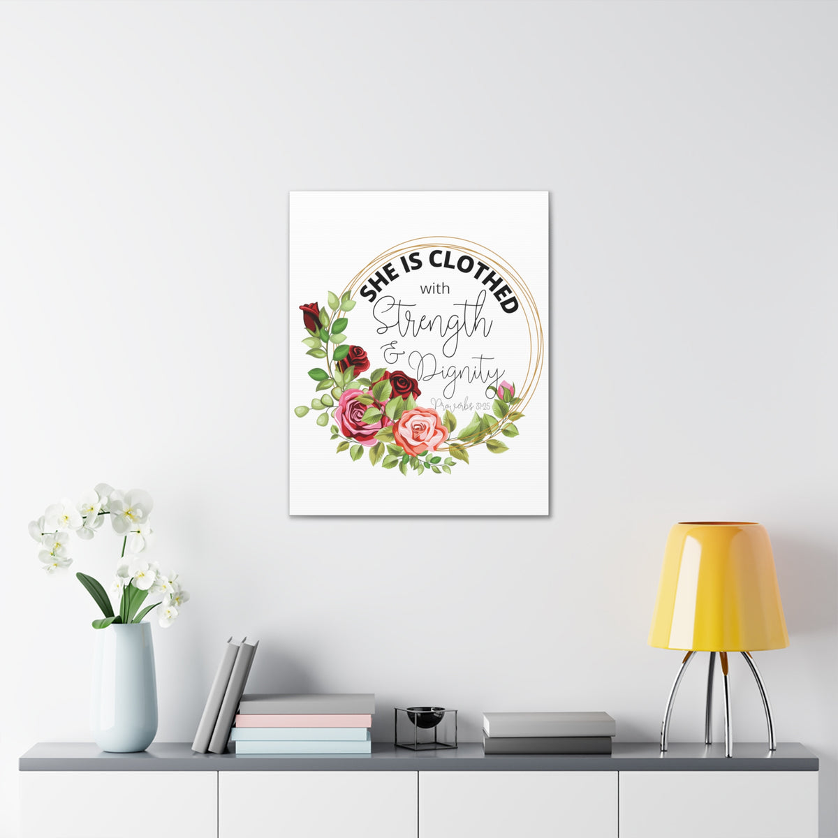 Scripture Walls Proverbs 31:25 Strength and Dignity Floral Wreath Bible Verse Canvas Christian Wall Art Ready to Hang Unframed-Express Your Love Gifts