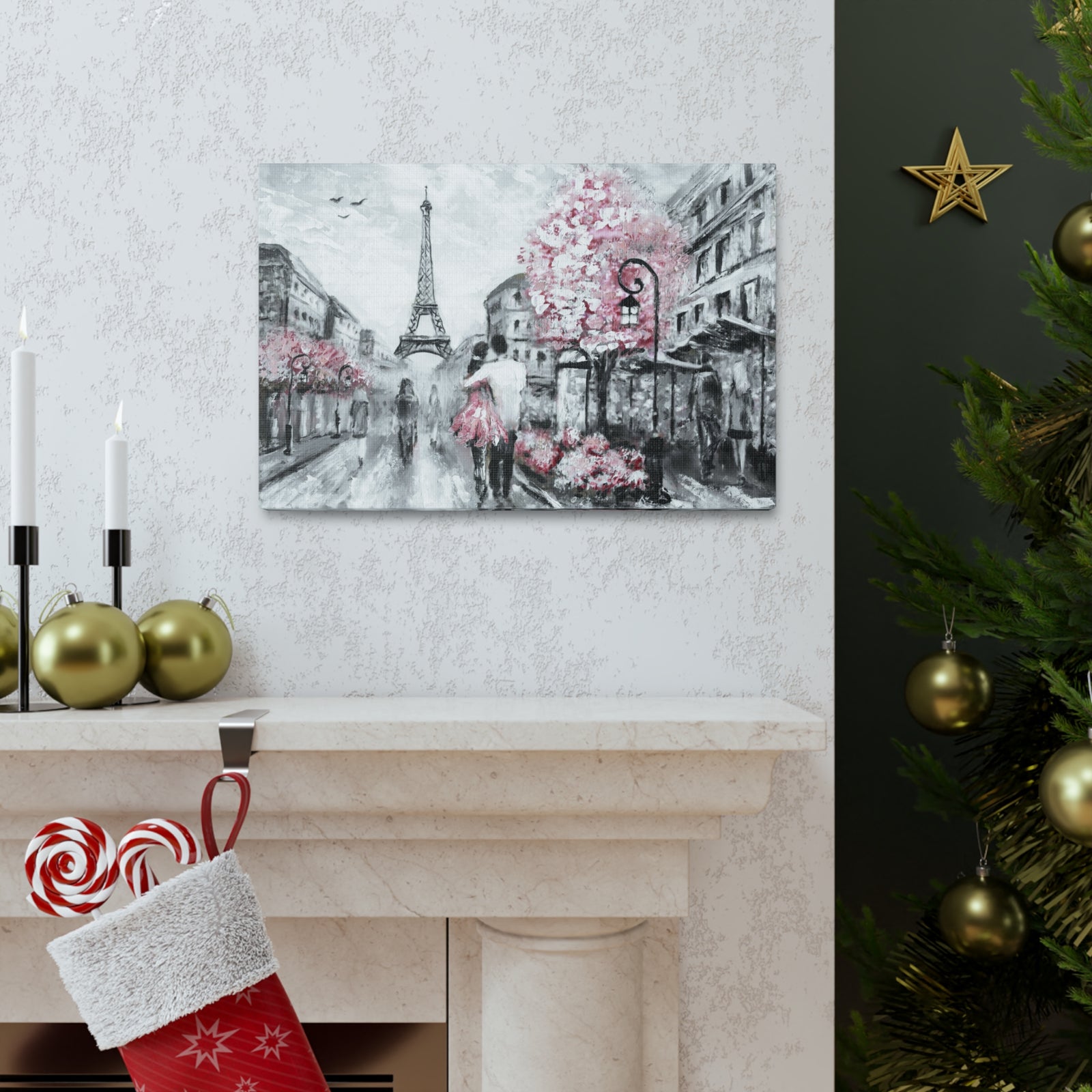 Couple Hug Pink Paris France Canvas Artwork High-Quality Breathtaking French City for Home Decor Ready to Hang-Express Your Love Gifts