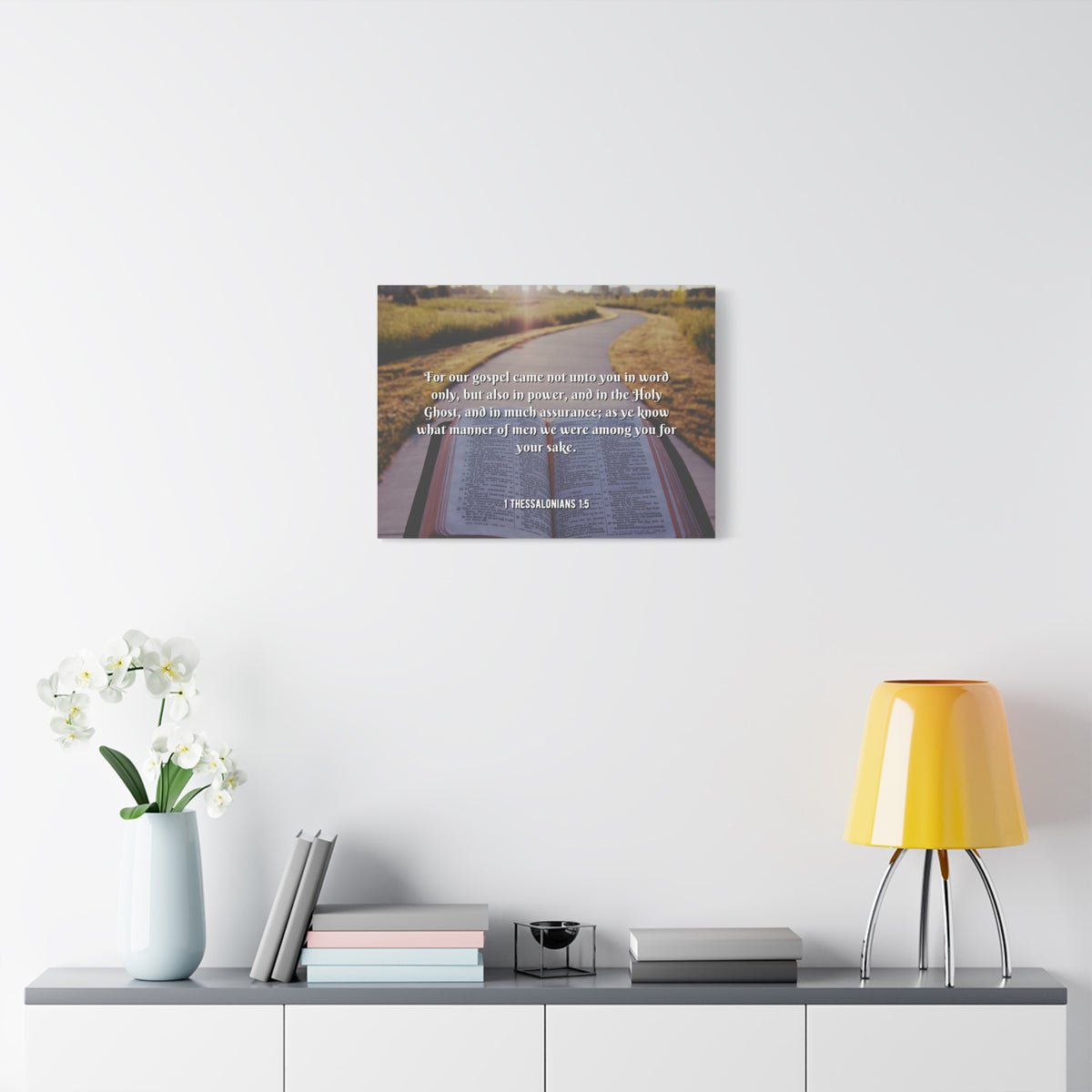 Scripture Canvas Gospel Came 1 Thessalonians 1:5 Christian Wall Art Bible Verse Print Ready to Hang-Express Your Love Gifts