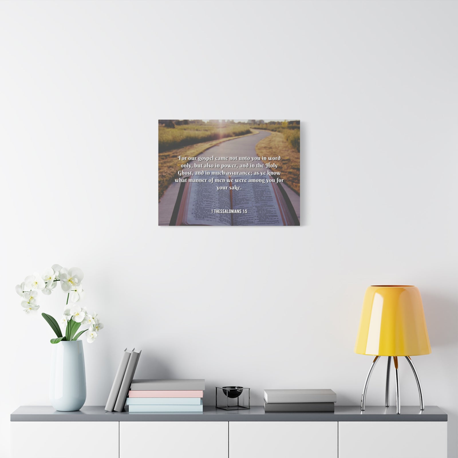 Scripture Canvas Gospel Came 1 Thessalonians 1:5 Christian Wall Art Bible Verse Print Ready to Hang-Express Your Love Gifts