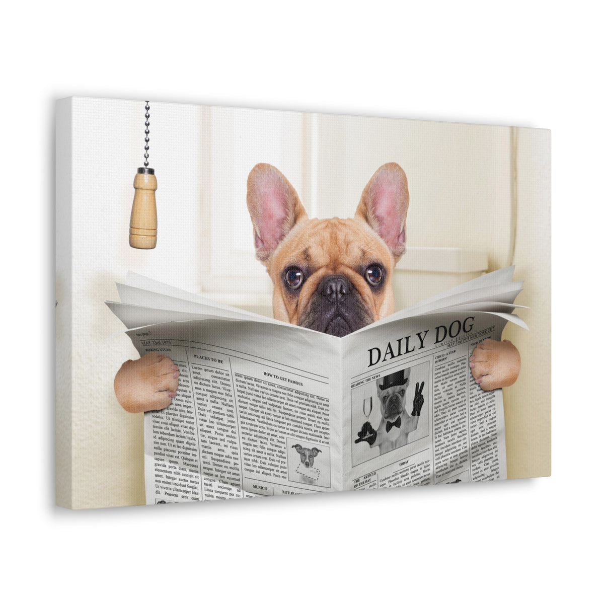 Fawn French Bulldog Reading Newspaper On Toilet Funny Canvas Wall Art for Home Decor Ready-to-Hand-Express Your Love Gifts