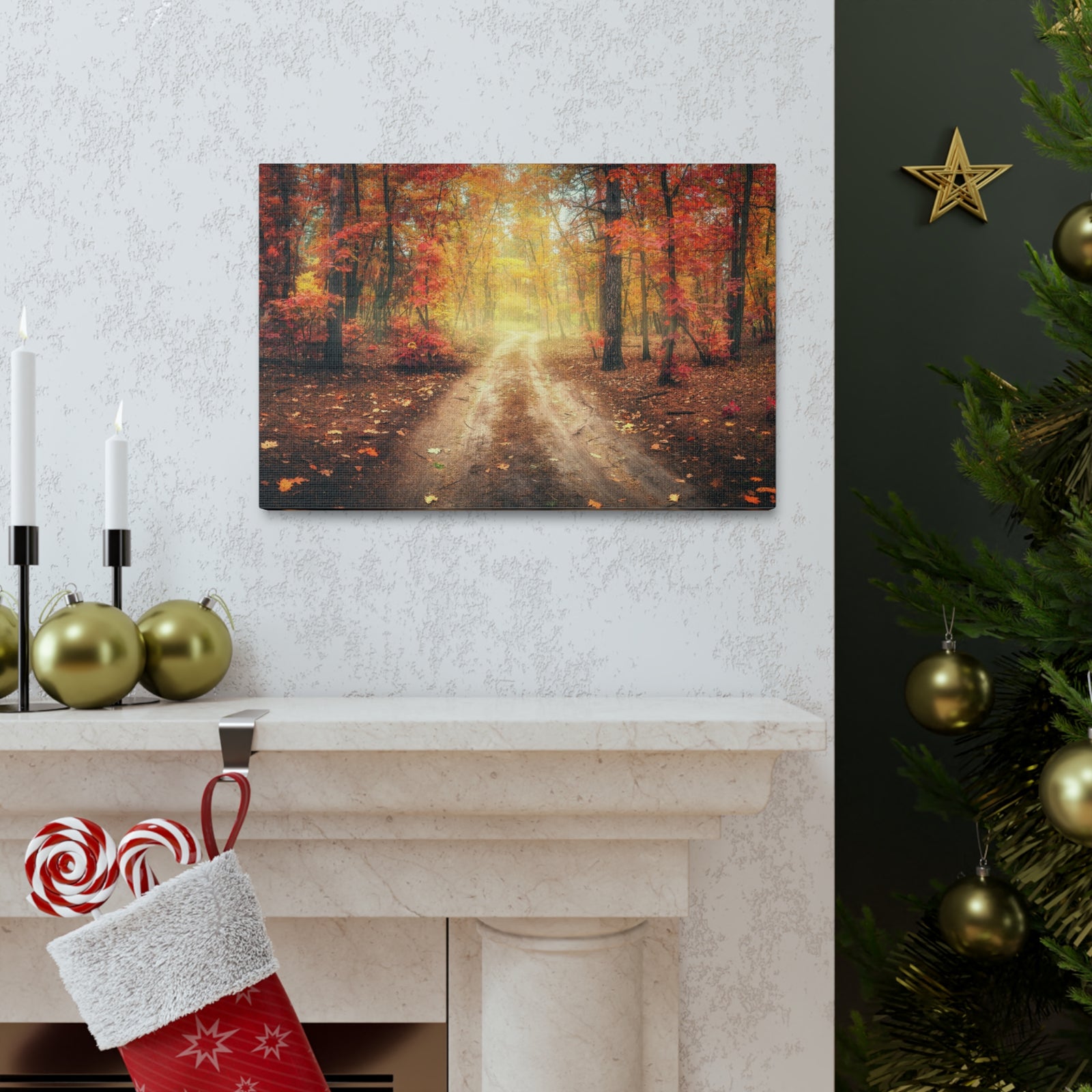 Autumn Forest Misty Orange Tree Path Nature Wilderness Photography Canvas Wall Art for Home Decor Ready-to-Hang-Express Your Love Gifts