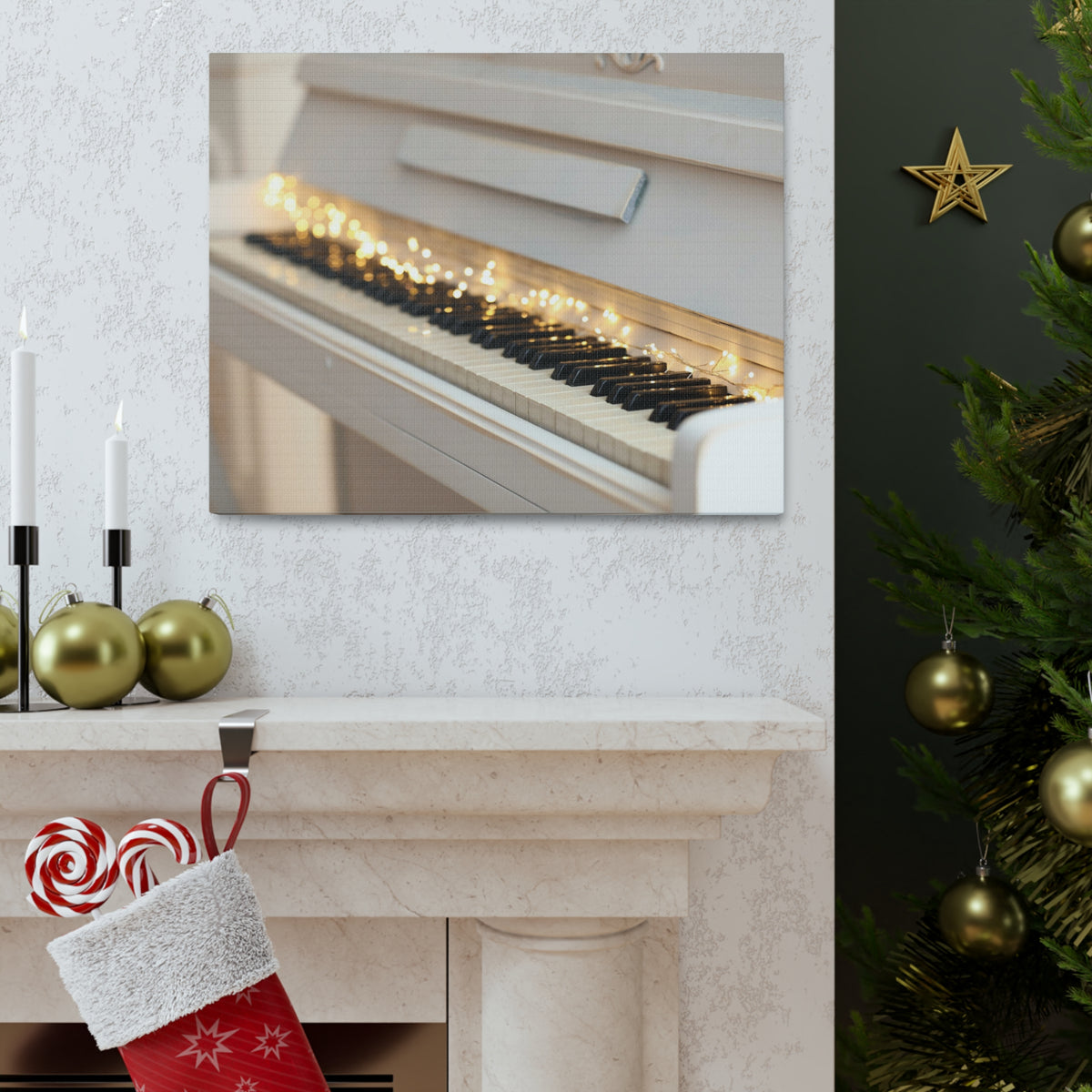 Piano with Glowing Garland Music Lover's Delight Piano Keyboard Canvas Wall Art for Home Decor Ready-to-Hang-Express Your Love Gifts