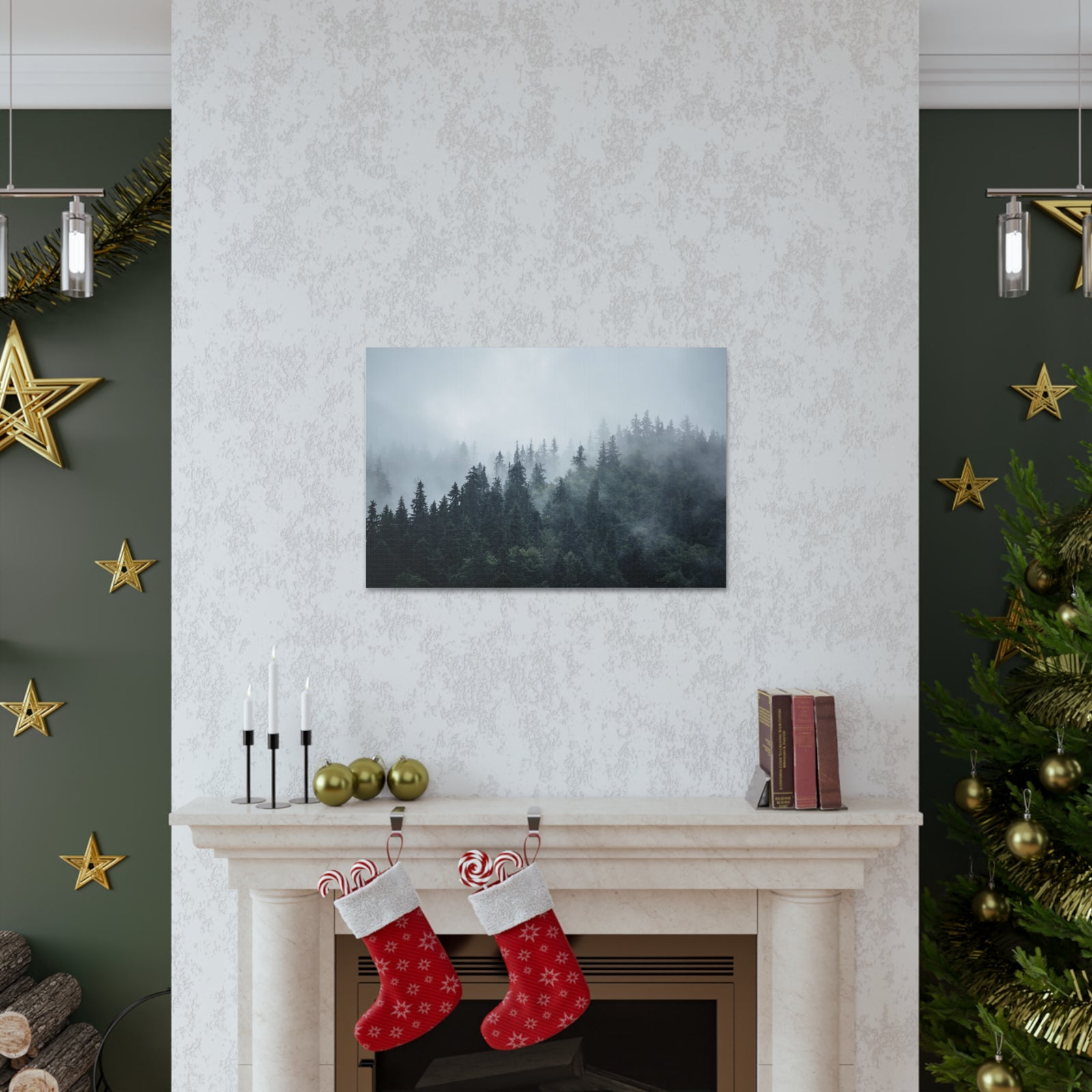 Foggy Pine Tree Green Forest Nature Wilderness Photography Canvas Wall Art for Home Decor Ready-to-Hang-Express Your Love Gifts