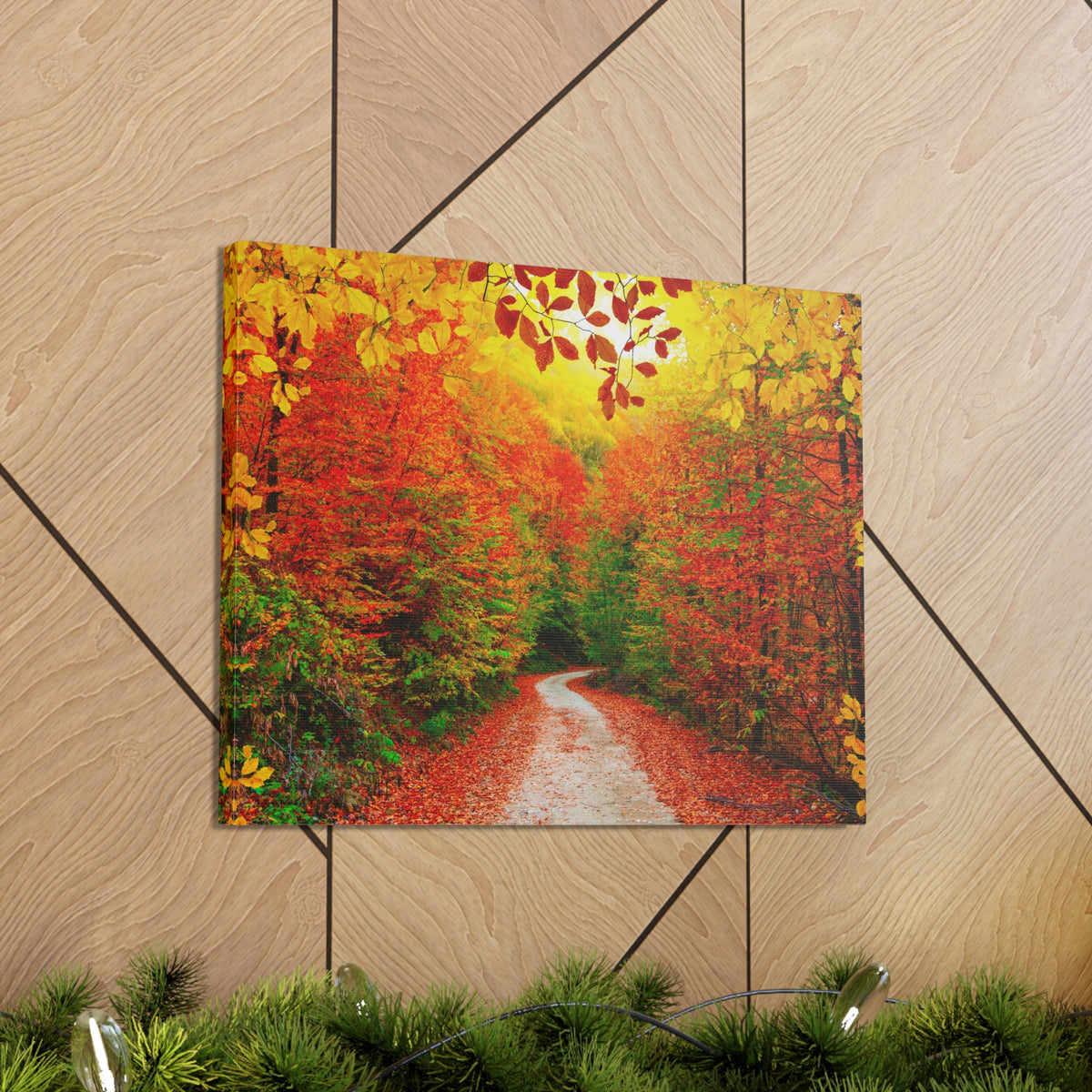 Autumn Fall Orange Leaf Forest Tree Trail Nature Wilderness Photography Canvas Wall Art for Home Decor Ready-to-Hang-Express Your Love Gifts