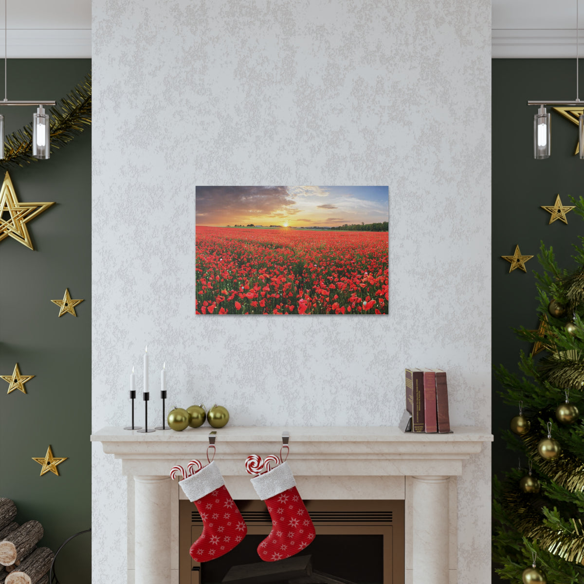Nice Sunset Over Poppy Field Flower Canvas Wall Art for Home Decor Ready-to-Hang-Express Your Love Gifts