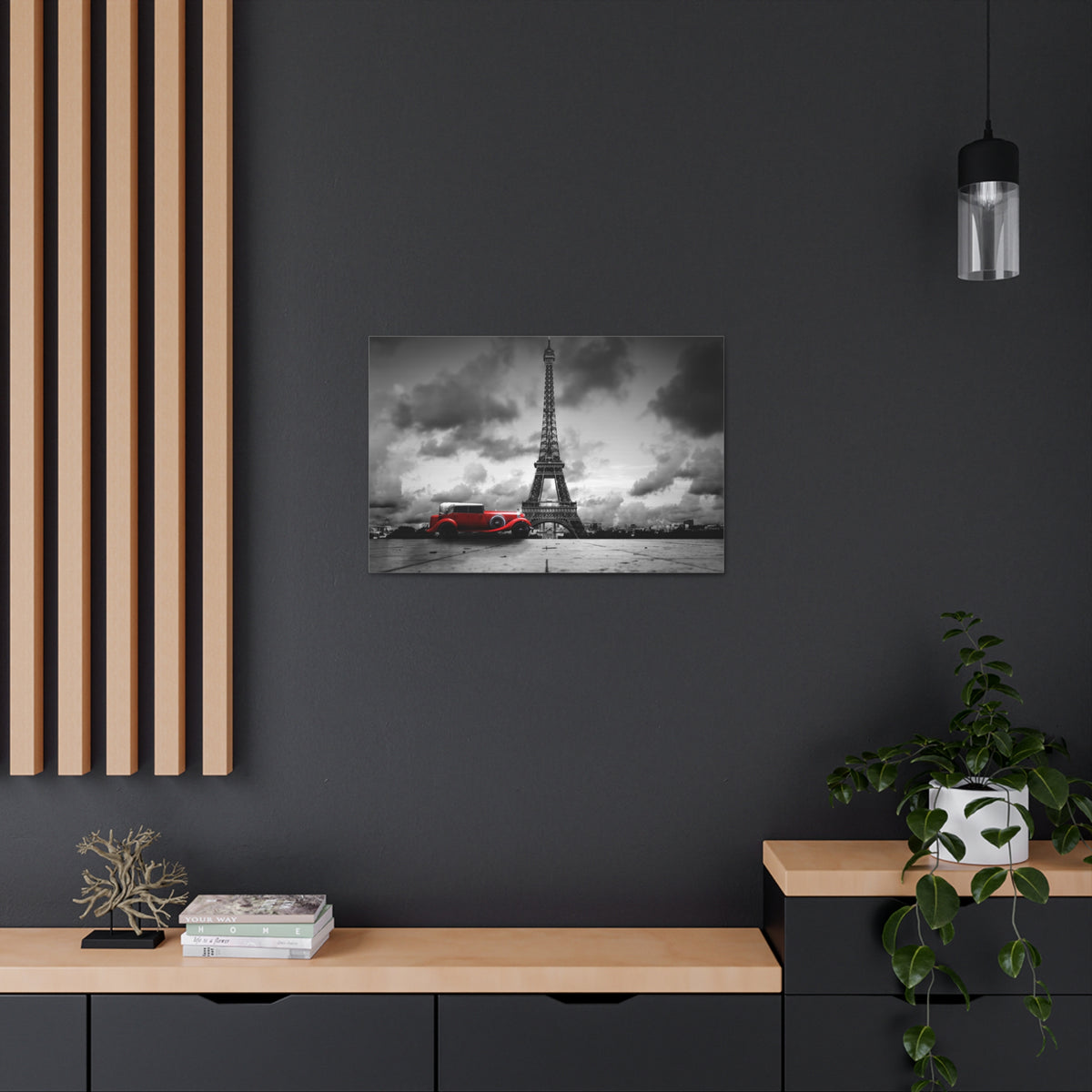 Eiffel Tower Skyline Black White Rain Red Umbrella Canvas Artwork High-Quality Breathtaking Stunning Cityscape for Home Decor Ready to Hang-Express Your Love Gifts