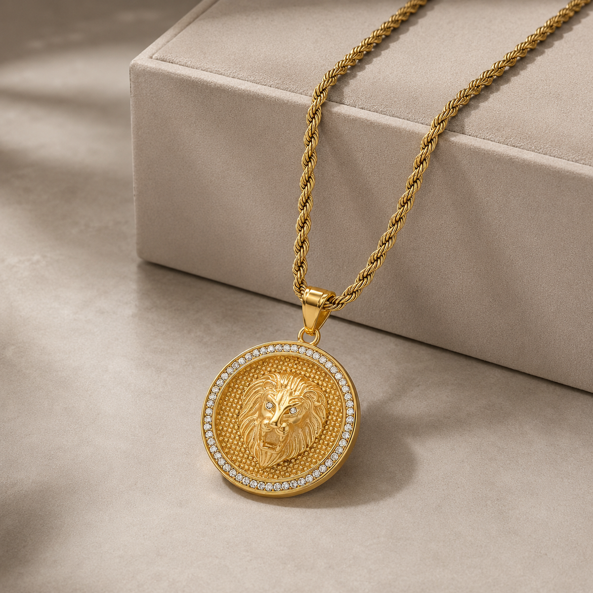 Lion Head Men's 18K Gold Plated Pendant Diamond-Accented 24" Chain-Express Your Love Gifts