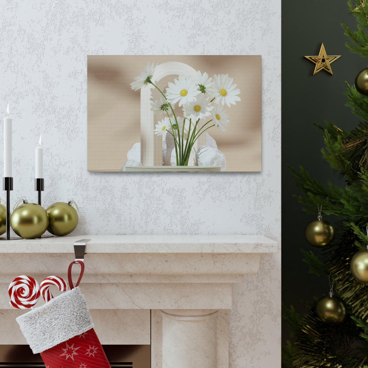 Daisy Flower and White Rocks Flower Canvas Wall Art for Home Decor Ready-to-Hang-Express Your Love Gifts