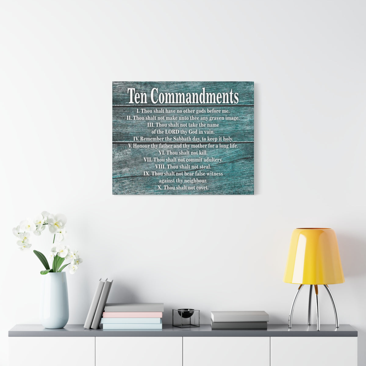 Scripture Canvas Ten Commandments Blue Wood Christian Wall Art Print Ready to Hang-Express Your Love Gifts