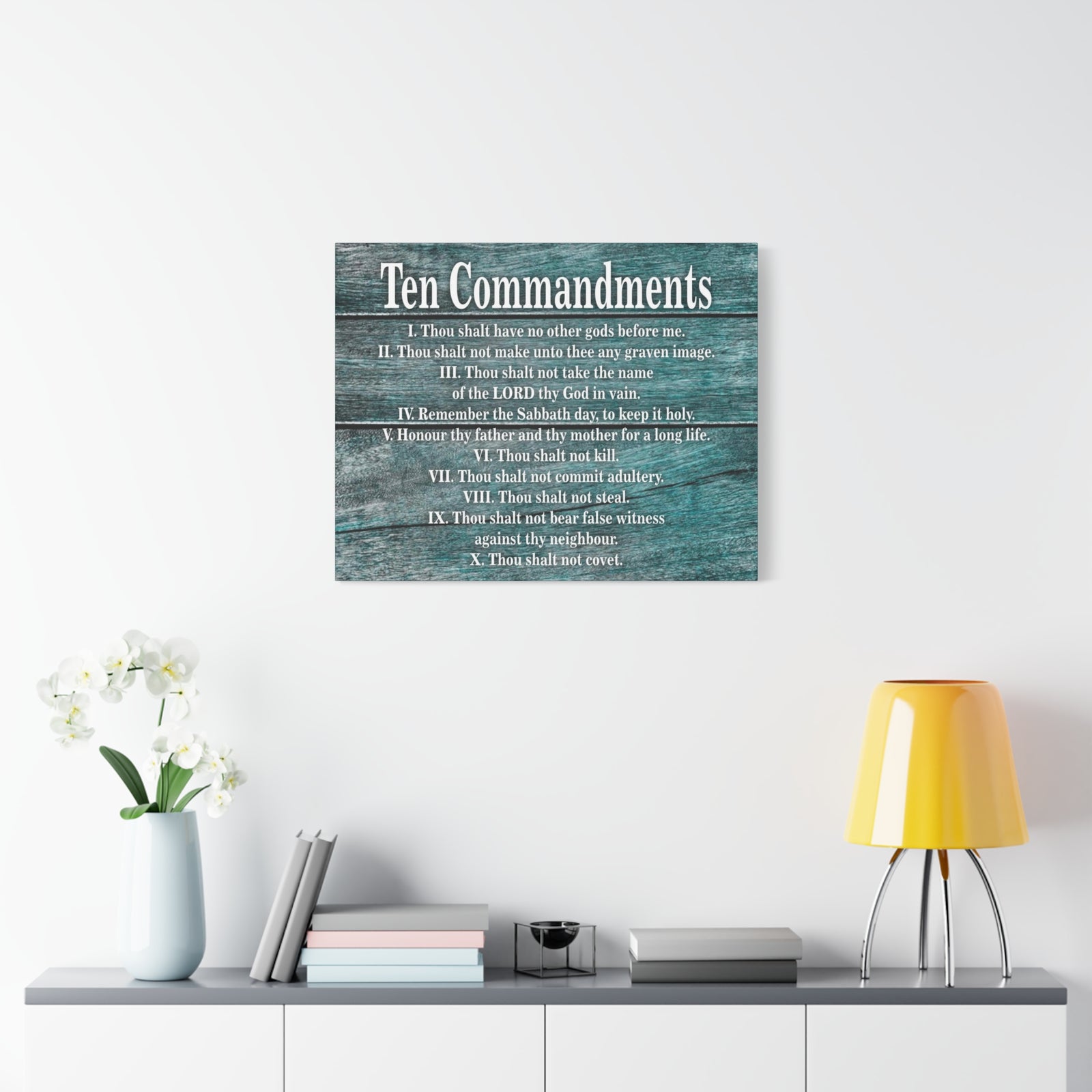 Scripture Canvas Ten Commandments Blue Wood Christian Wall Art Print Ready to Hang-Express Your Love Gifts