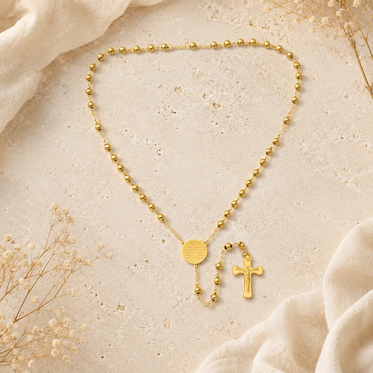 Padre Nuestro Rosary Necklace 18K Gold Plated Stainless Steel-Express Your Love Gifts