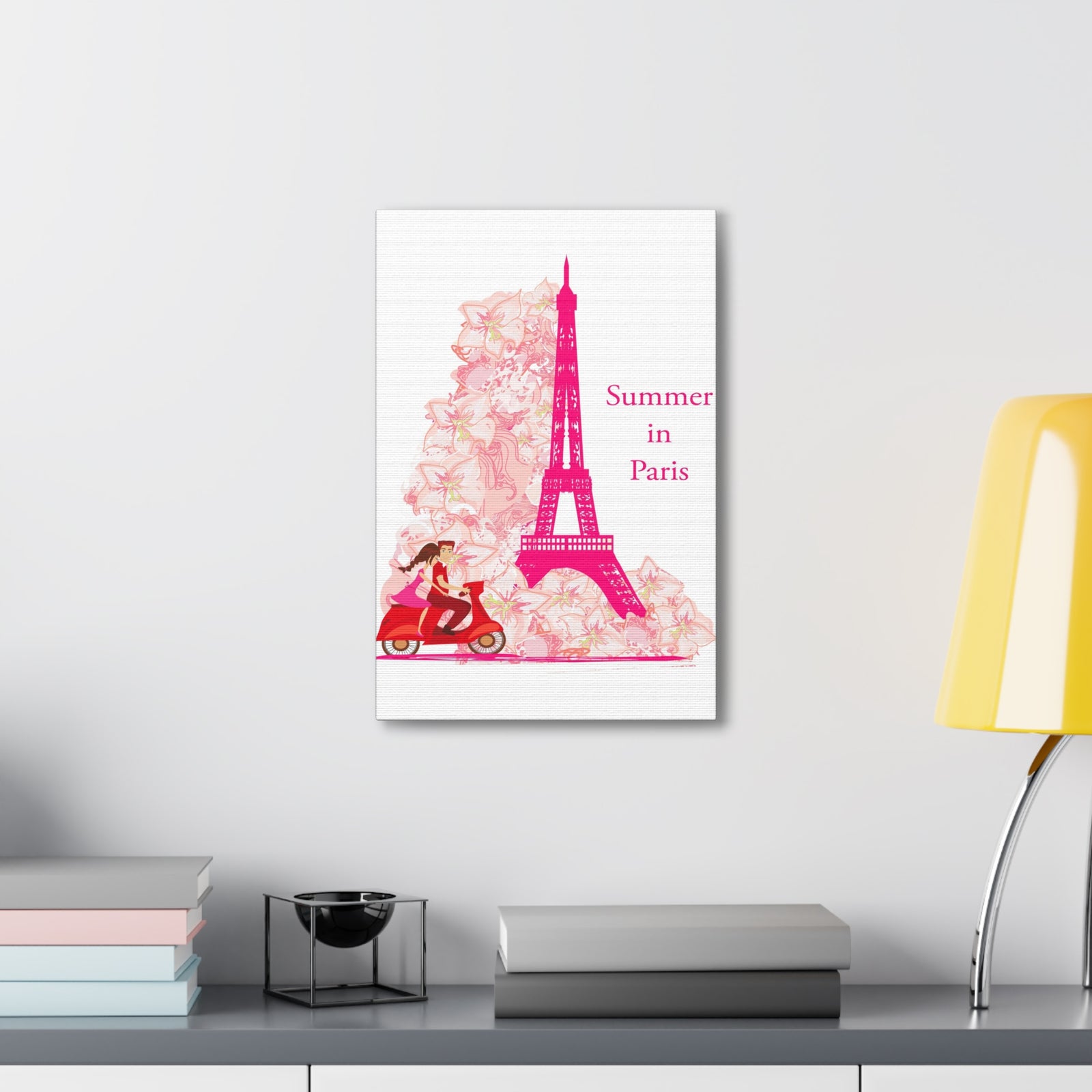 Pink Eiffel Tower Couple On Scooter Paris France Canvas Artwork High-Quality Breathtaking French City for Home Decor Ready to Hang-Express Your Love Gifts