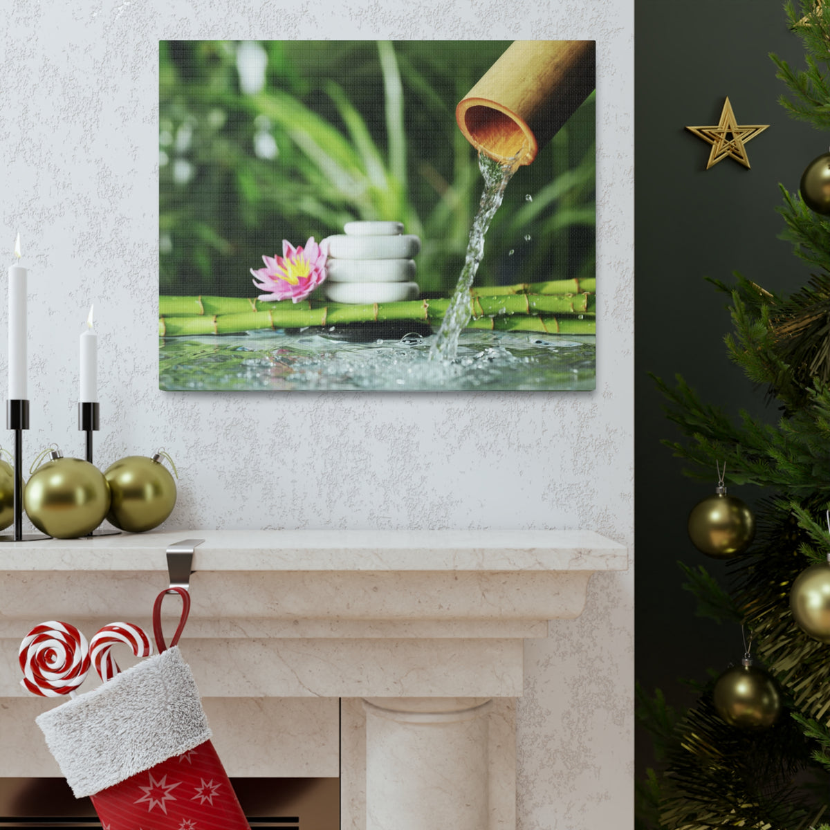 Flower and Bamboo Fountain Forest Floral Nature Photography Canvas Wall Art for Home Decor Ready-to-Hang-Express Your Love Gifts