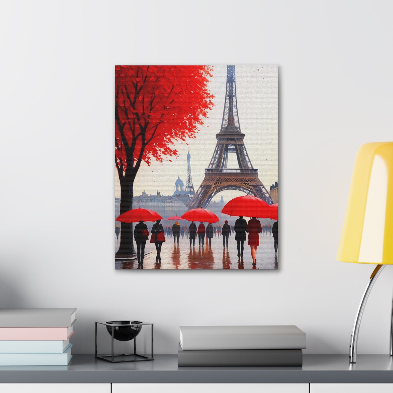Paris Eiffel Tower Crowd With Red Umbrella France Canvas Artwork High-Quality Breathtaking French City for Home Decor Ready to Hang-Express Your Love Gifts