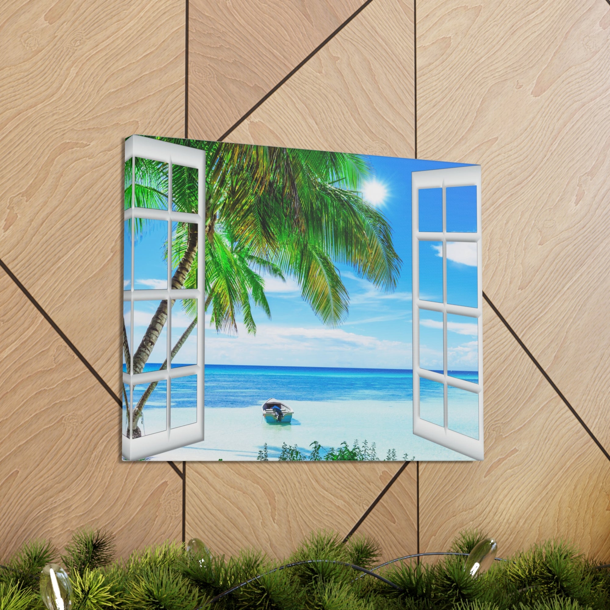 Canvas Print Wall Art Window Beach Coconut View Nature Photography Realism Scenic Landscape Colorful Multicolor for Home Decor Ready to Hang-Express Your Love Gifts
