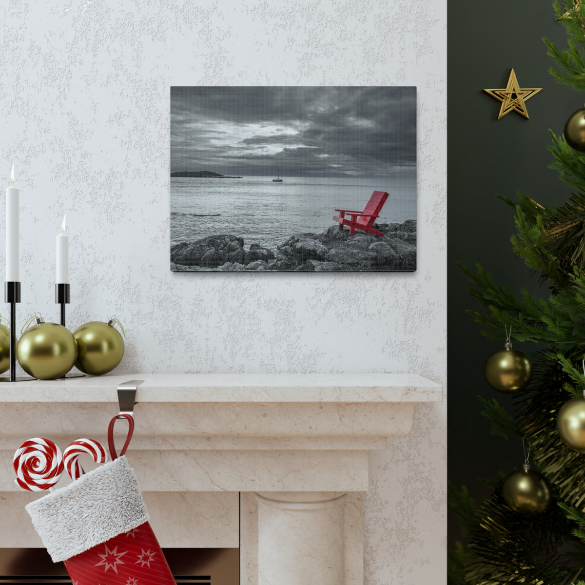 Red Chair On Ocean Side Rocks Ocean Canvas Wall Art for Home Decor Ready-to-Hang-Express Your Love Gifts