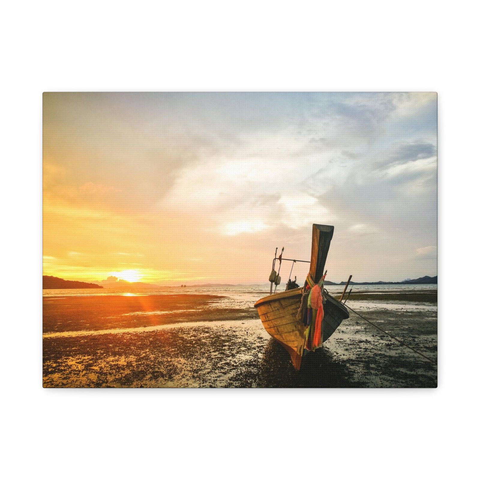 Longtail Boat Sunset Time Ocean Canvas Wall Art for Home Decor Ready-to-Hang-Express Your Love Gifts